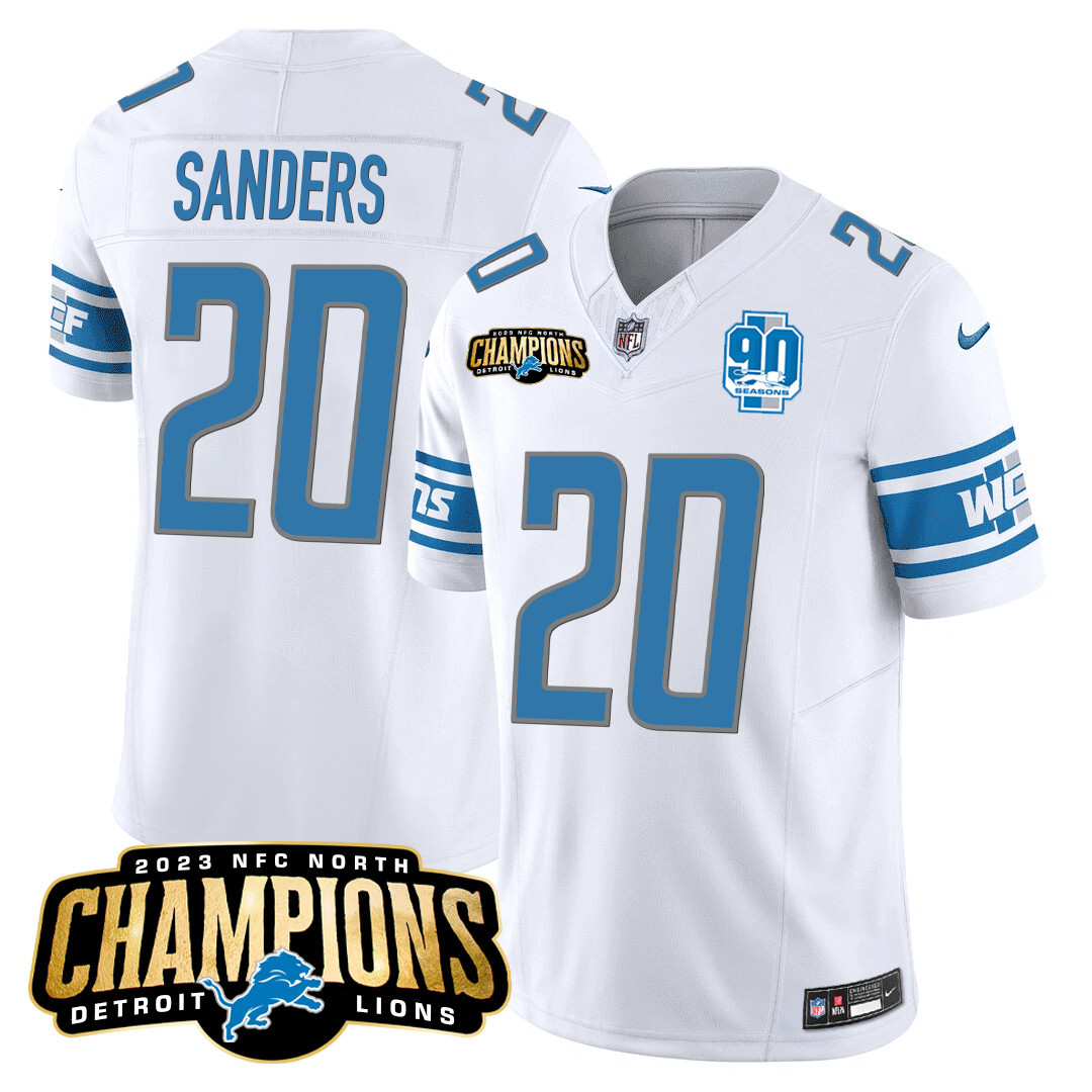Barry Sanders Men's Detroit Lions 2023 NFC North Champions Patch Vapor White Jersey - All Stitched 
