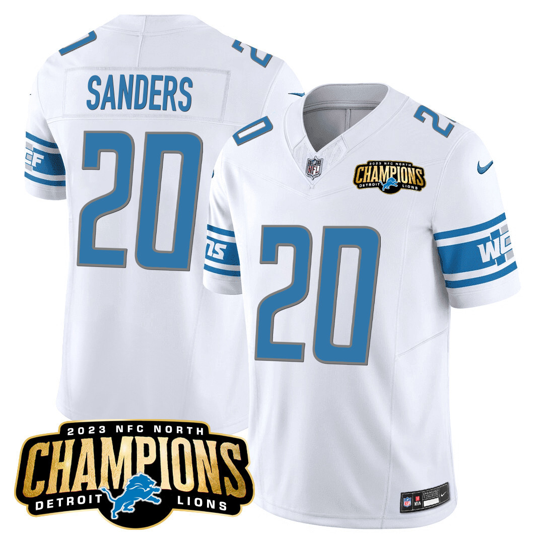 Barry Sanders Men's Detroit Lions 2023 NFC North Champions Patch Vapor White Jersey - All Stitched 