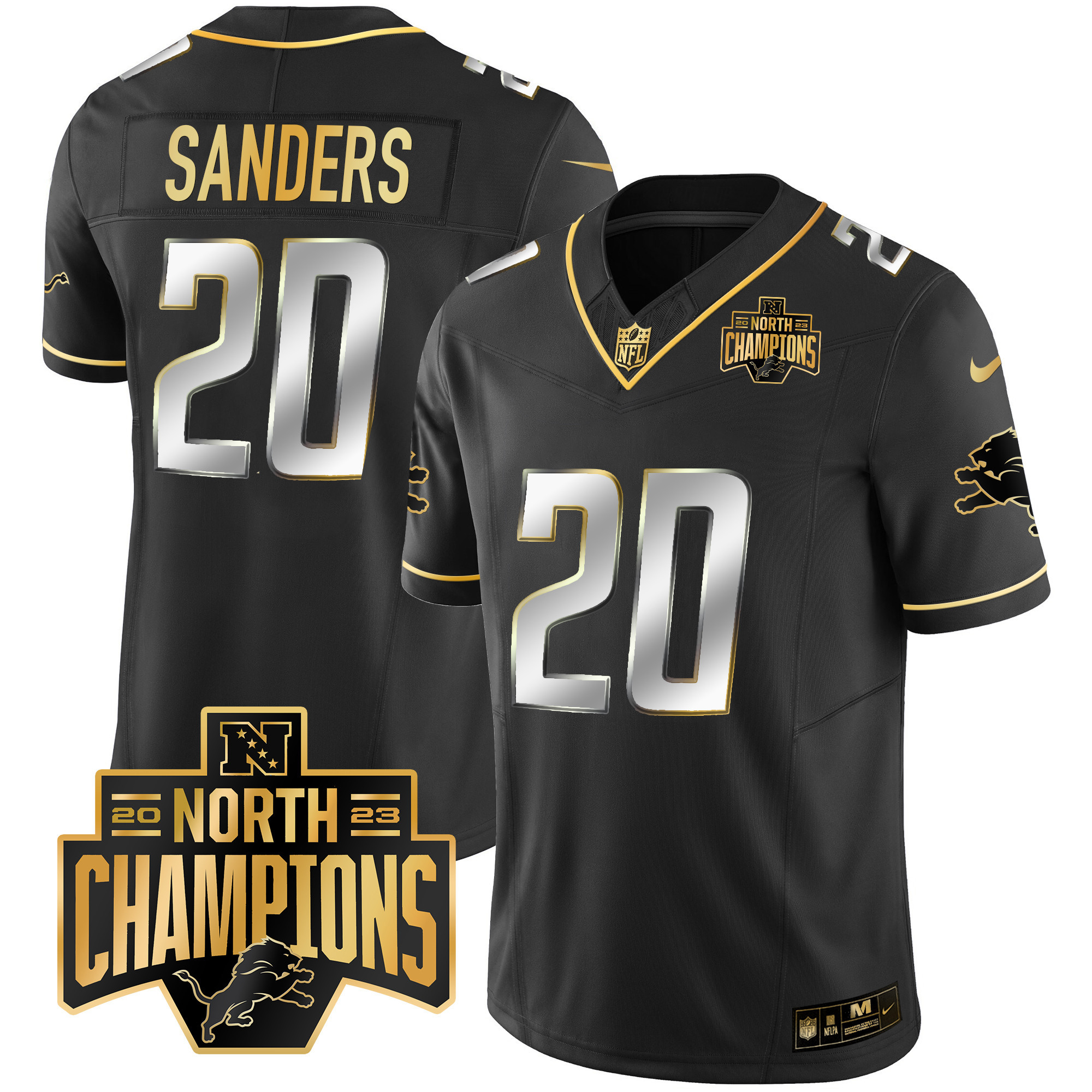 Barry Sanders Men's Detroit Lions 2023 NFC North Division Champions Patch Vapor Gold Black Limited Jersey - All Stitched 