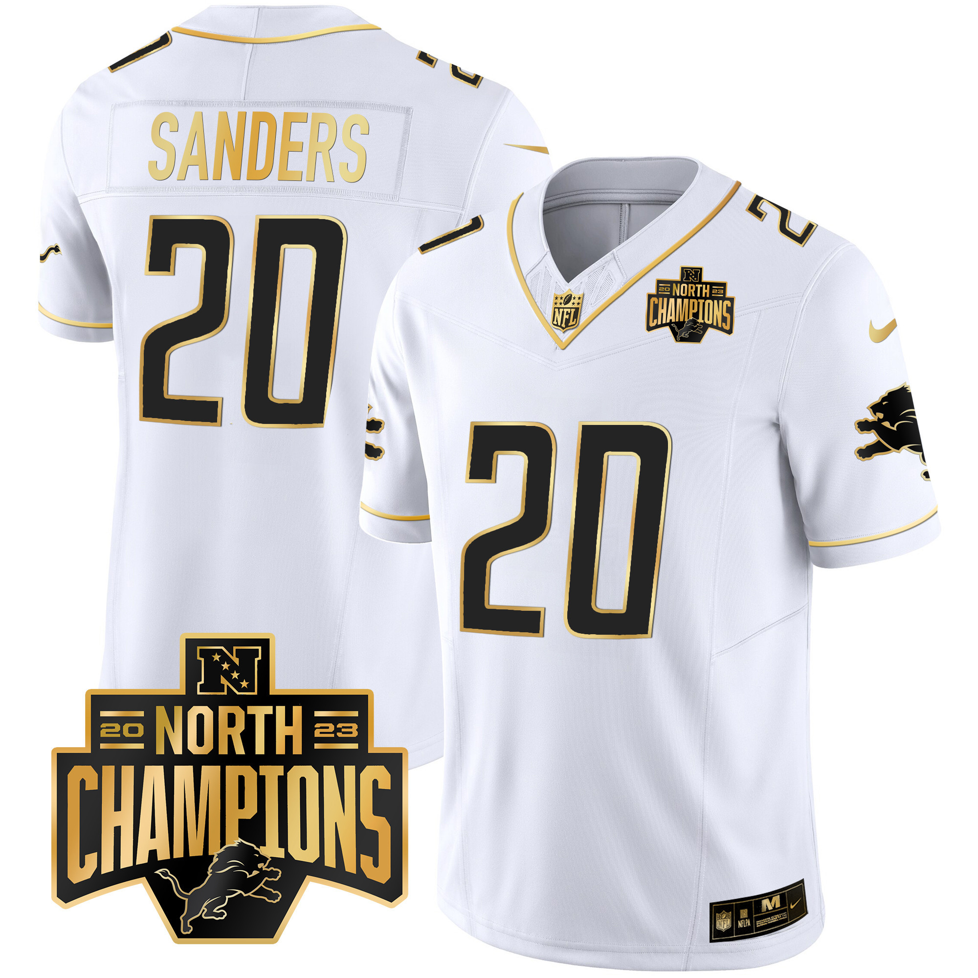 Barry Sanders Men's Detroit Lions 2023 NFC North Division Champions Patch Vapor Gold White Gold Jersey - All Stitched 