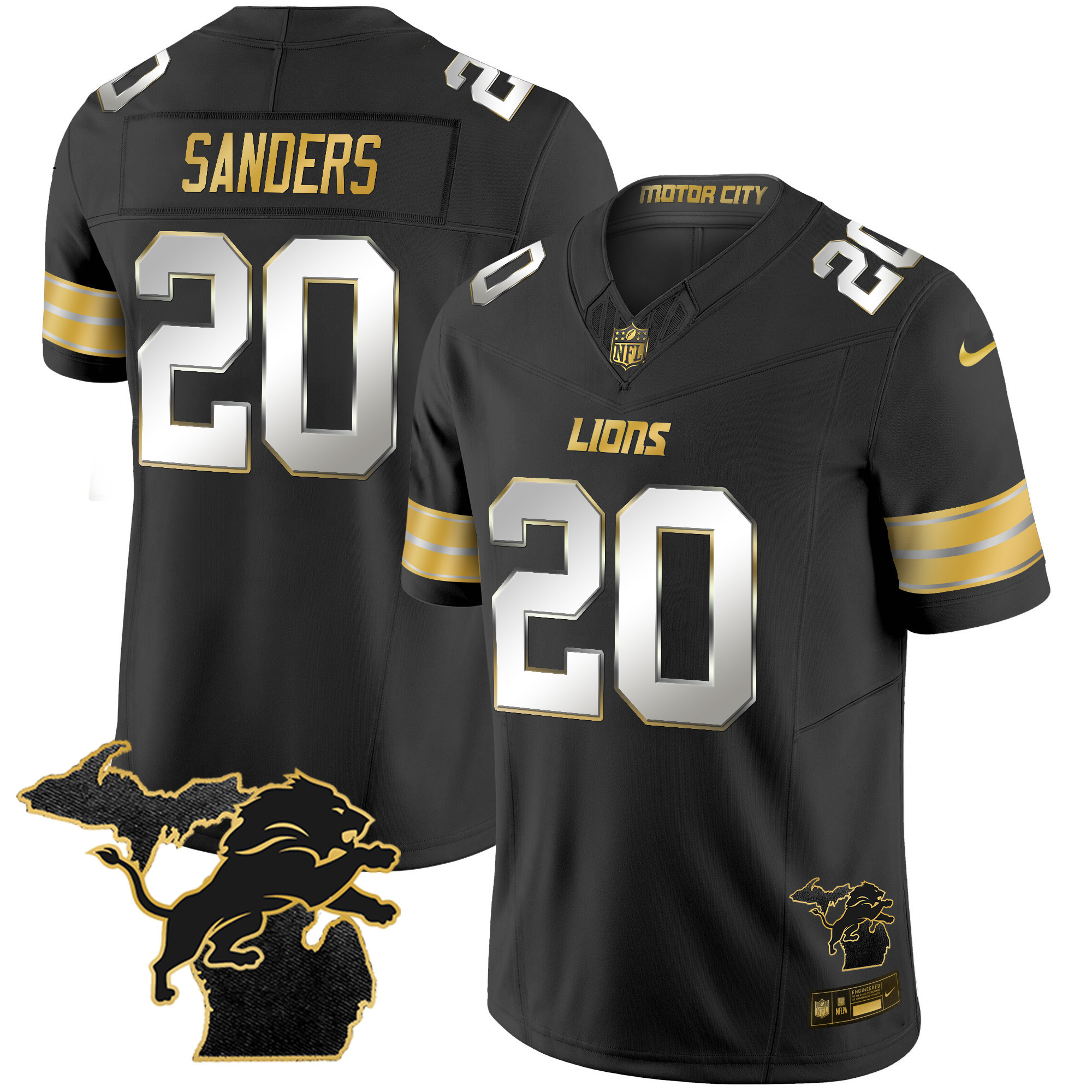 Barry Sanders Men's Detroit Lions 2024 Michigan Patch Gold Vapor Black Limited Jersey - All Stitched 