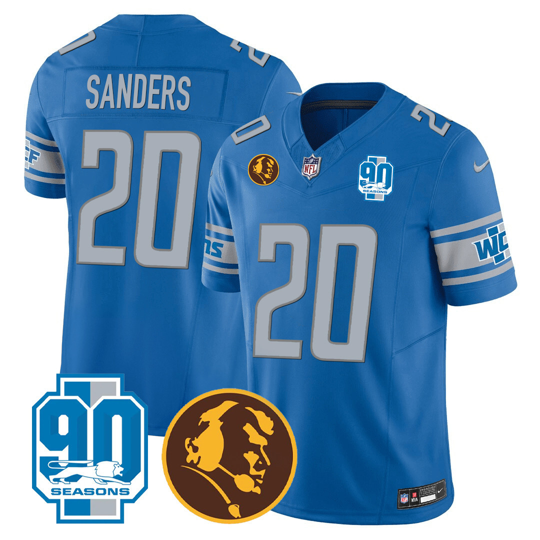 Barry Sanders Men's Detroit Lions 90th & John Madden Patch Blue Jersey - All Stitched 