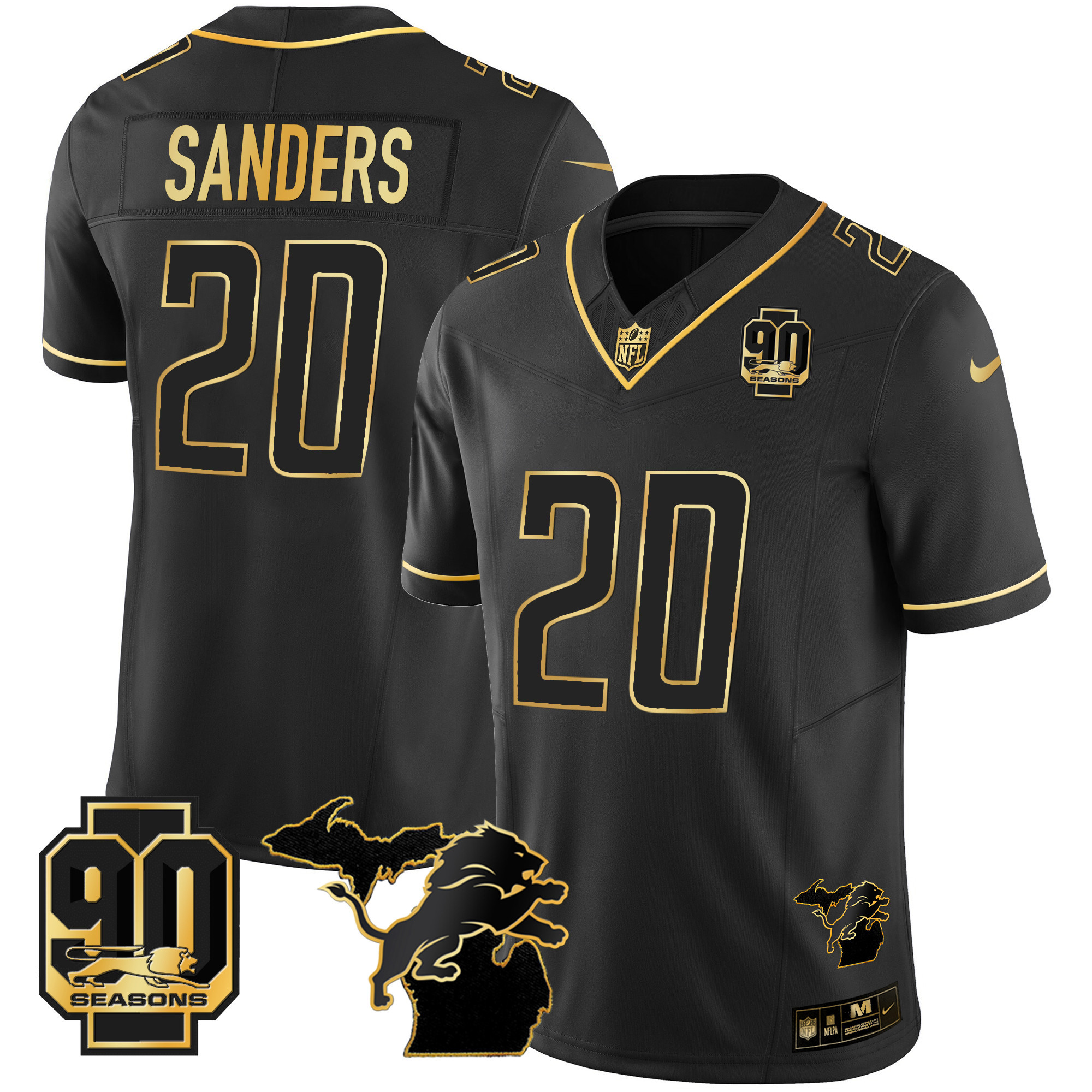 Barry Sanders Men's Detroit Lions 90th Year & Michigan Patch Gold Vapor Black Gold Jersey - All Stitched 