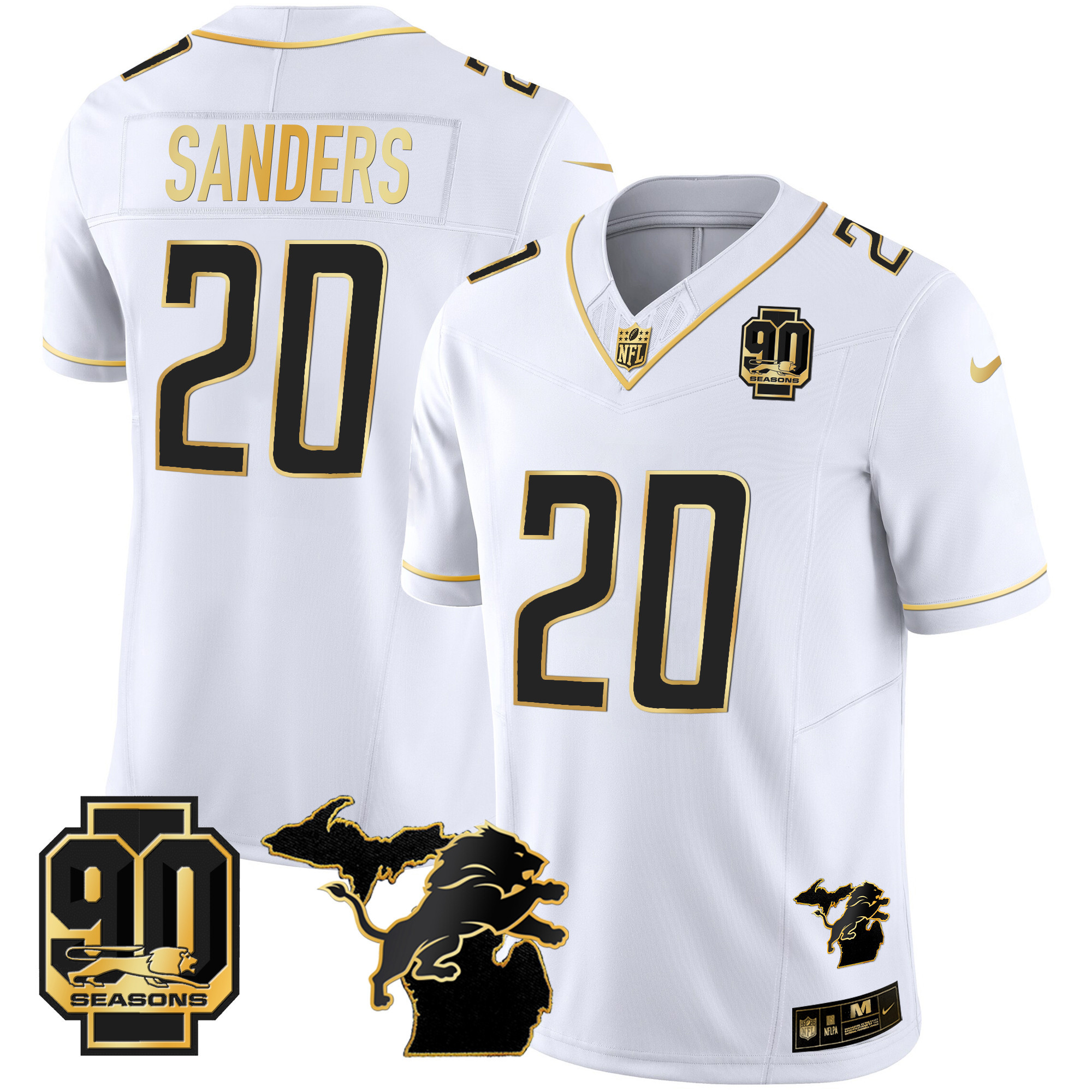 Barry Sanders Men's Detroit Lions 90th Year & Michigan Patch Gold Vapor White Gold Jersey - All Stitched 
