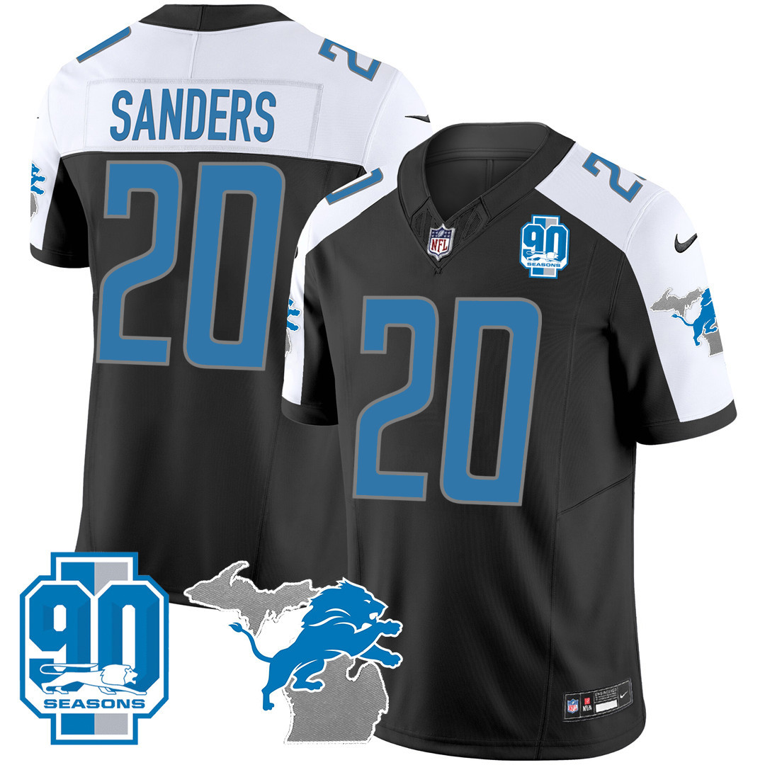 Barry Sanders Men's Detroit Lions 90th Year & Michigan Patch Vapor Black Alternate Jersey - All Stitched 