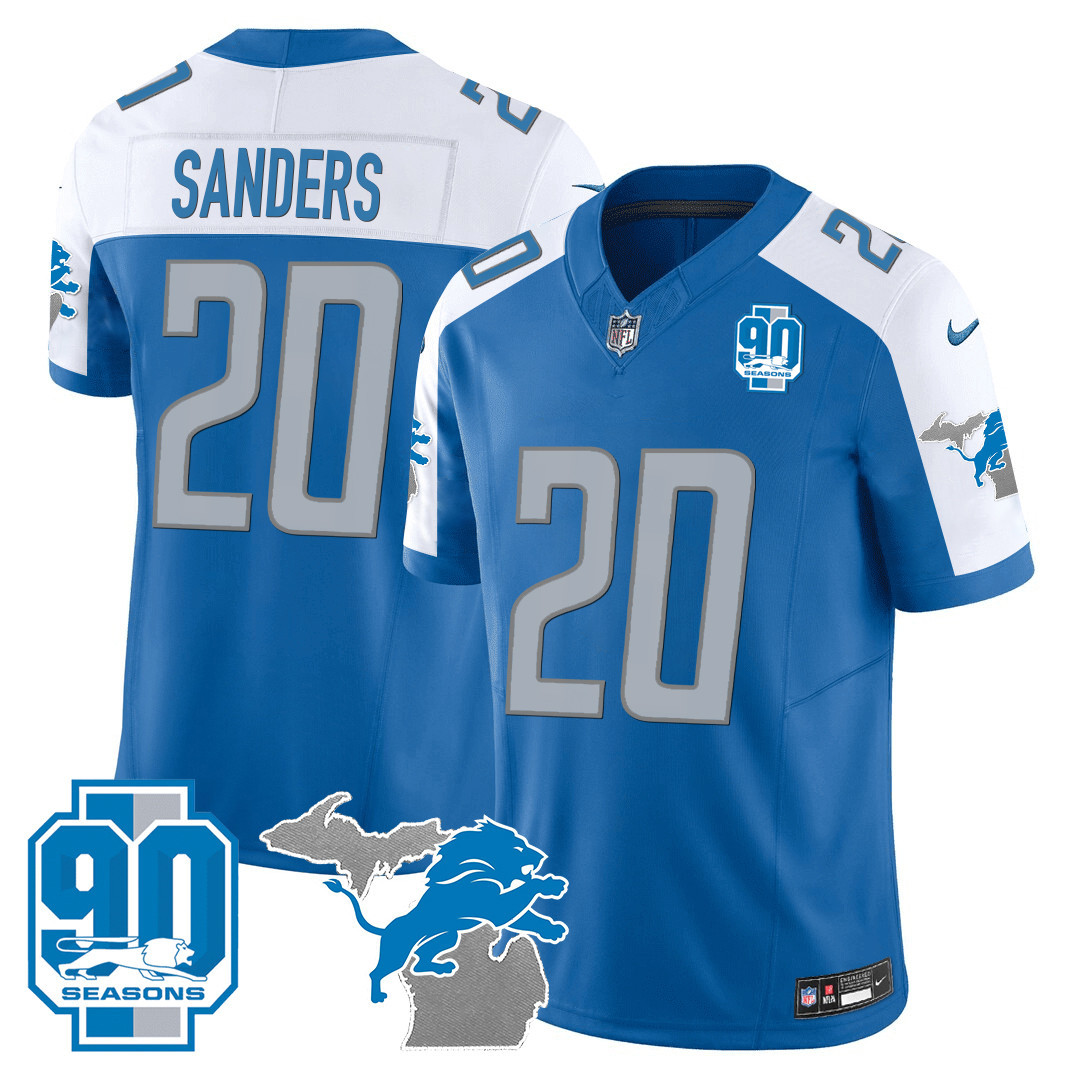 Barry Sanders Men's Detroit Lions 90th Year & Michigan Patch Vapor Blue Alternate Jersey - All Stitched 