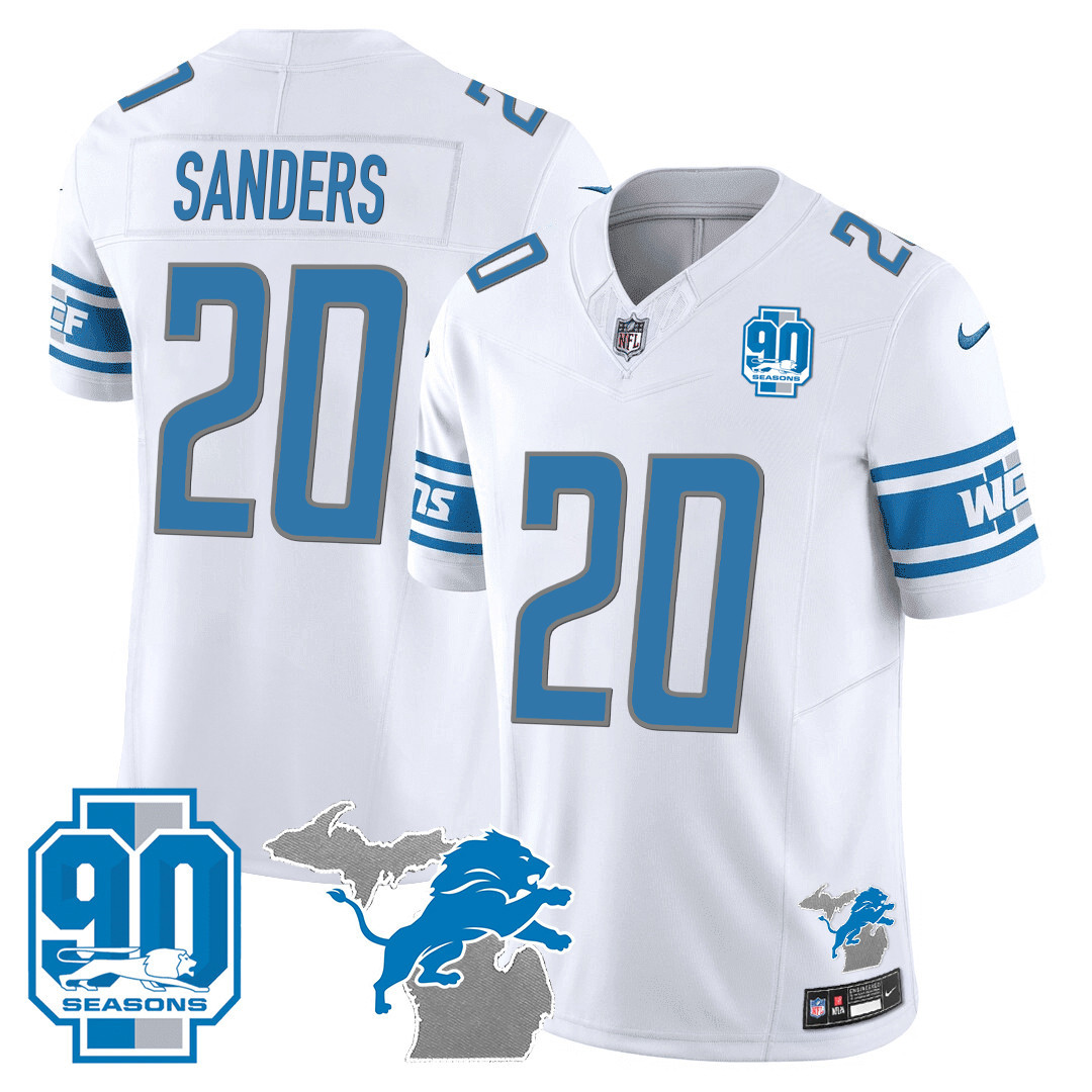 Barry Sanders Men's Detroit Lions 90th Year & Michigan Patch Vapor White Jersey - All Stitched 