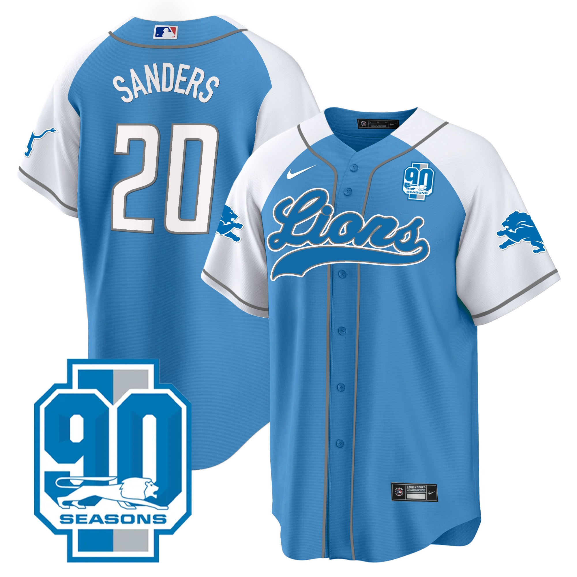 Barry Sanders Men's Detroit Lions 90th Year Patch Baseball Blue Alternate Jersey - All Stitched 