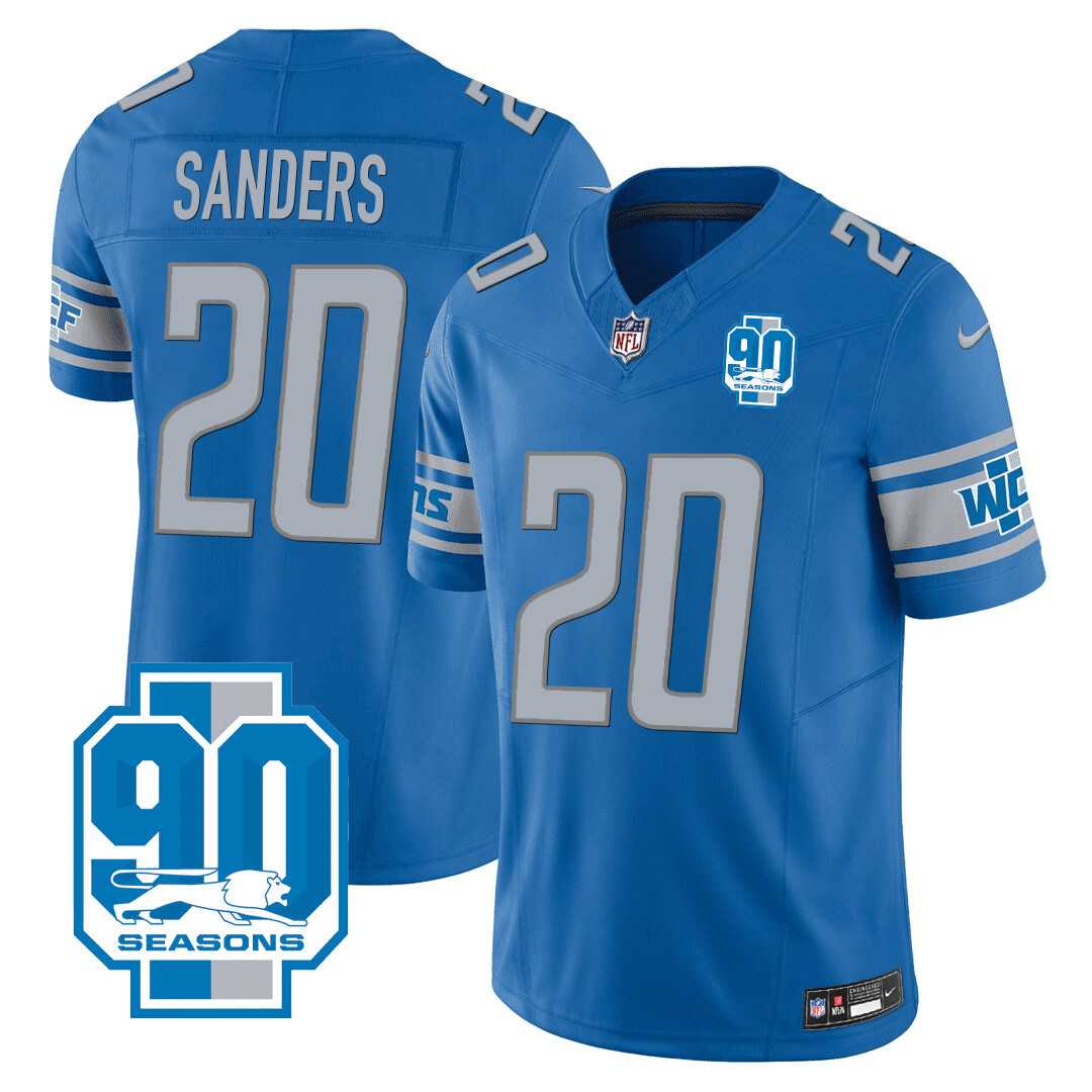 Barry Sanders Men's Detroit Lions 90th Year Patch Blue Jersey - All Stitched 