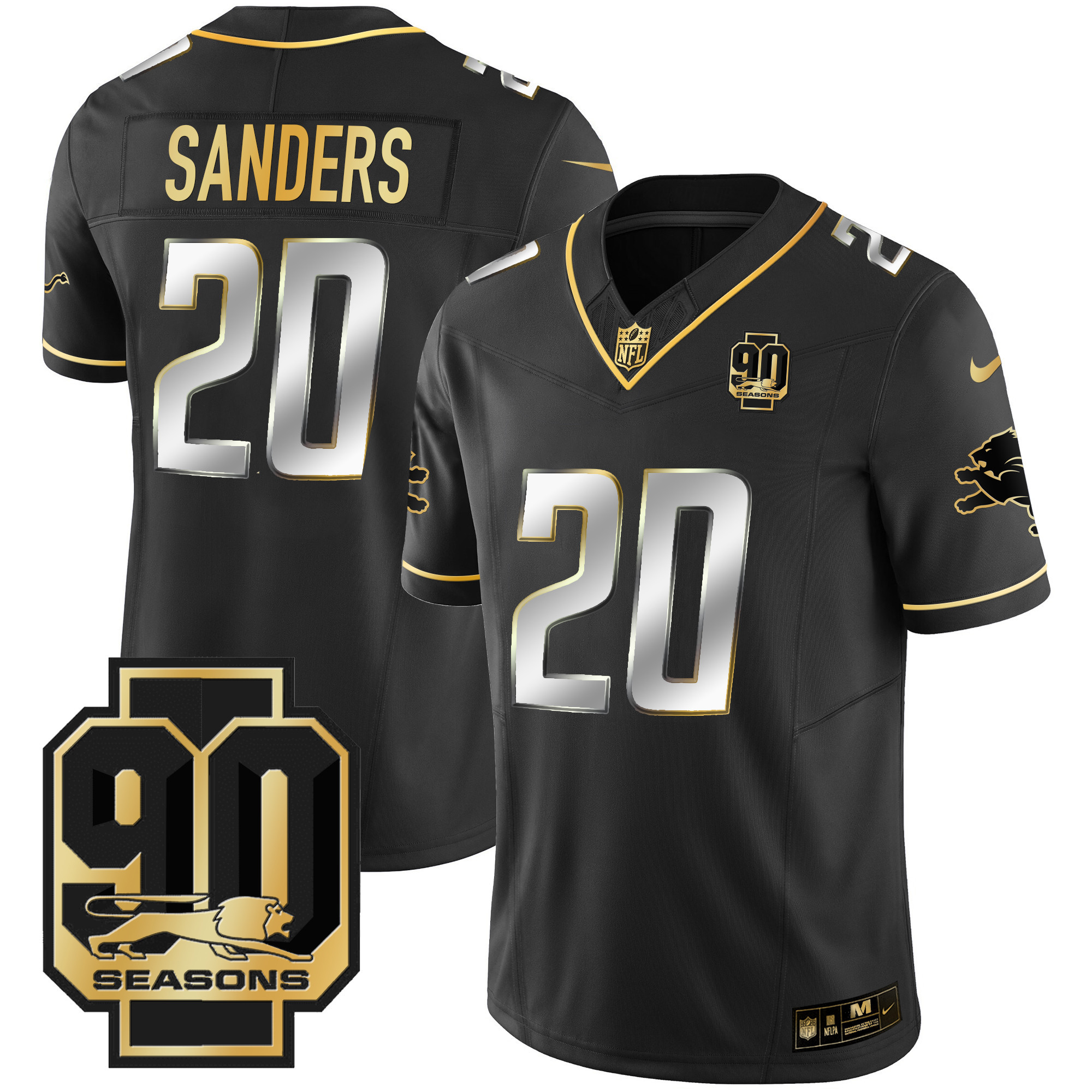 Barry Sanders Men's Detroit Lions 90th Year Patch Gold Black Limited Jersey - All Stitched 