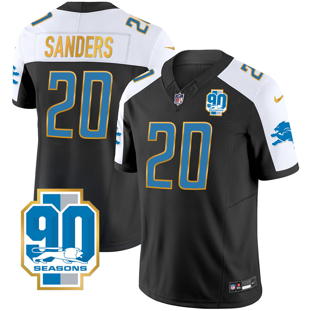 Barry Sanders Men's Detroit Lions 90th Year Patch Gold Trim Black Alternate Jersey - All Stitched 
