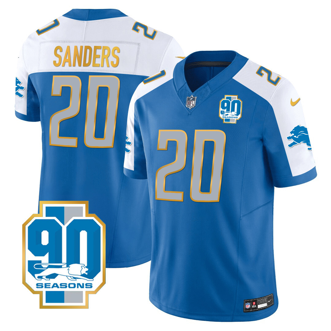 Barry Sanders Men's Detroit Lions 90th Year Patch Gold Trim Blue Alternate Jersey - All Stitched 