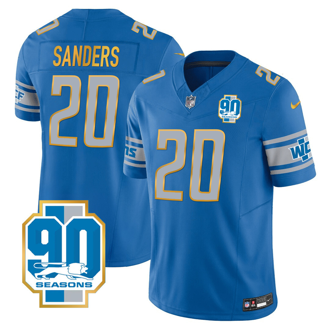 Barry Sanders Men's Detroit Lions 90th Year Patch Gold Trim Blue Jersey - All Stitched 