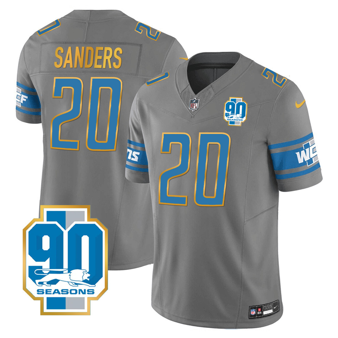 Barry Sanders Men's Detroit Lions 90th Year Patch Gold Trim Gray Jersey - All Stitched 