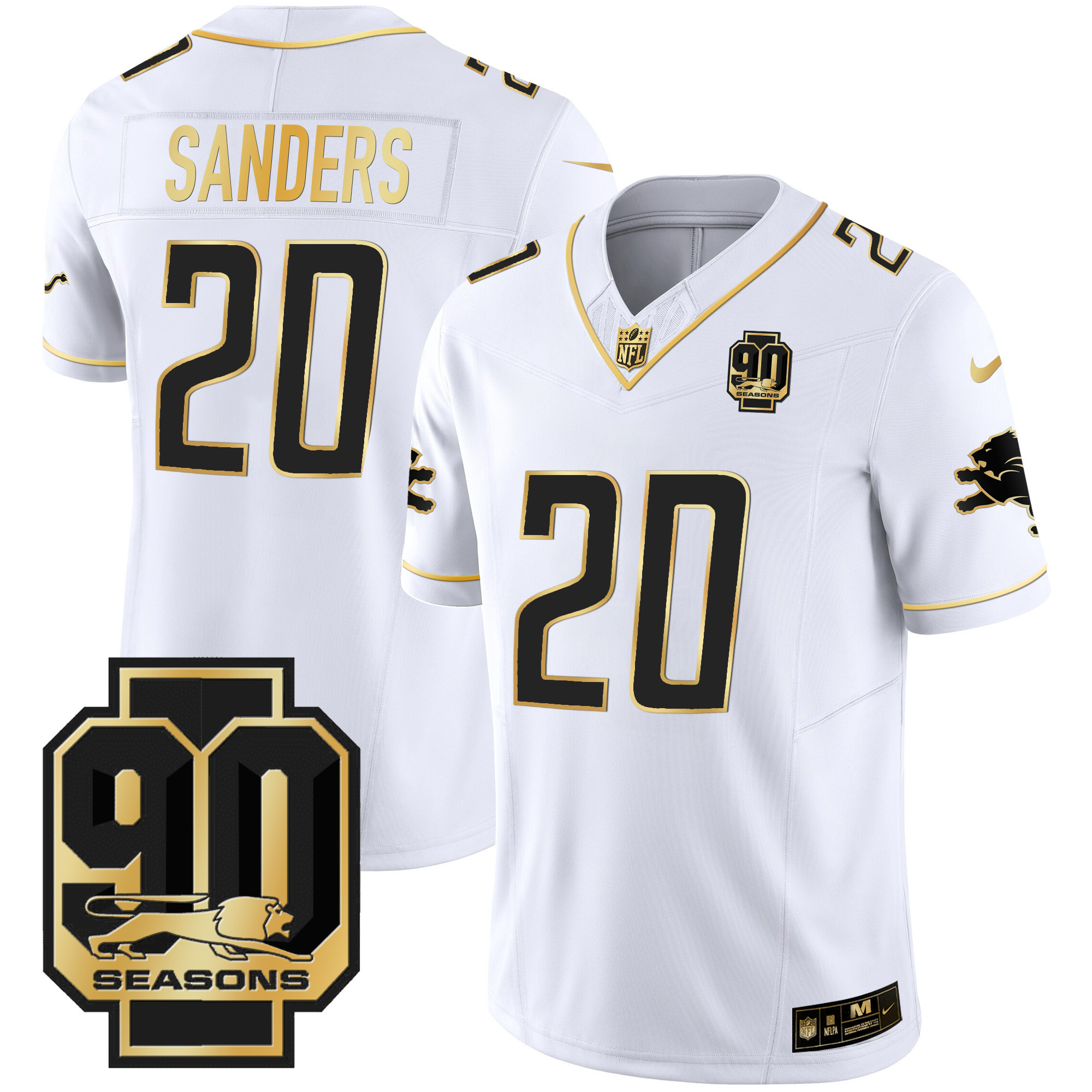 Barry Sanders Men's Detroit Lions 90th Year Patch Gold White Gold Jersey - All Stitched 