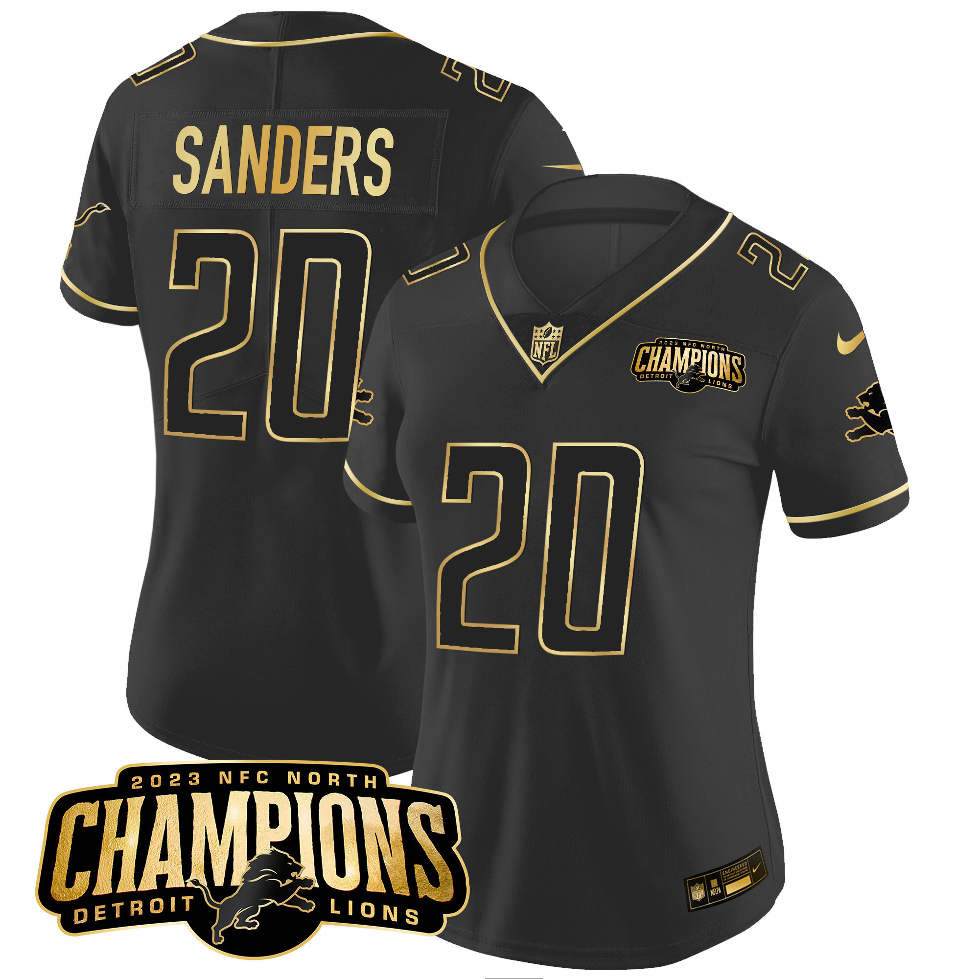 Barry Sanders Women's Detroit Lions 2023 NFC North Champions Patch Gold Vapor Black Gold Jersey - All Stitched 