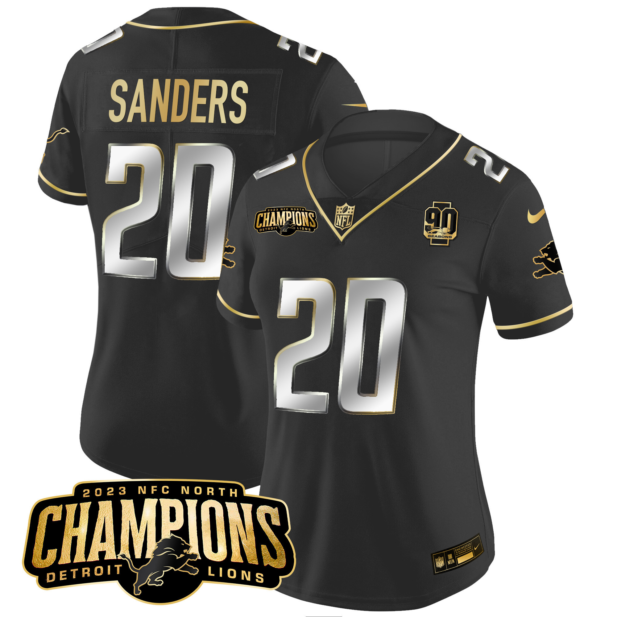 Barry Sanders Women's Detroit Lions 2023 NFC North Champions Patch Gold Vapor Black Limited Jersey - All Stitched 