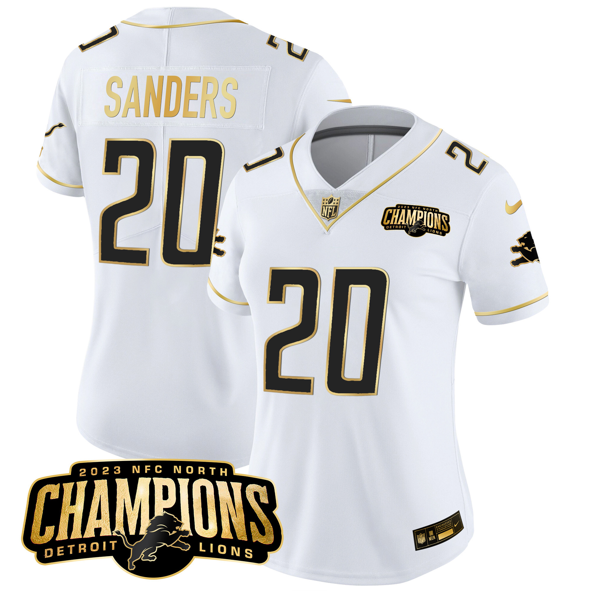 Barry Sanders Women's Detroit Lions 2023 NFC North Champions Patch Gold Vapor White Gold Jersey - All Stitched 