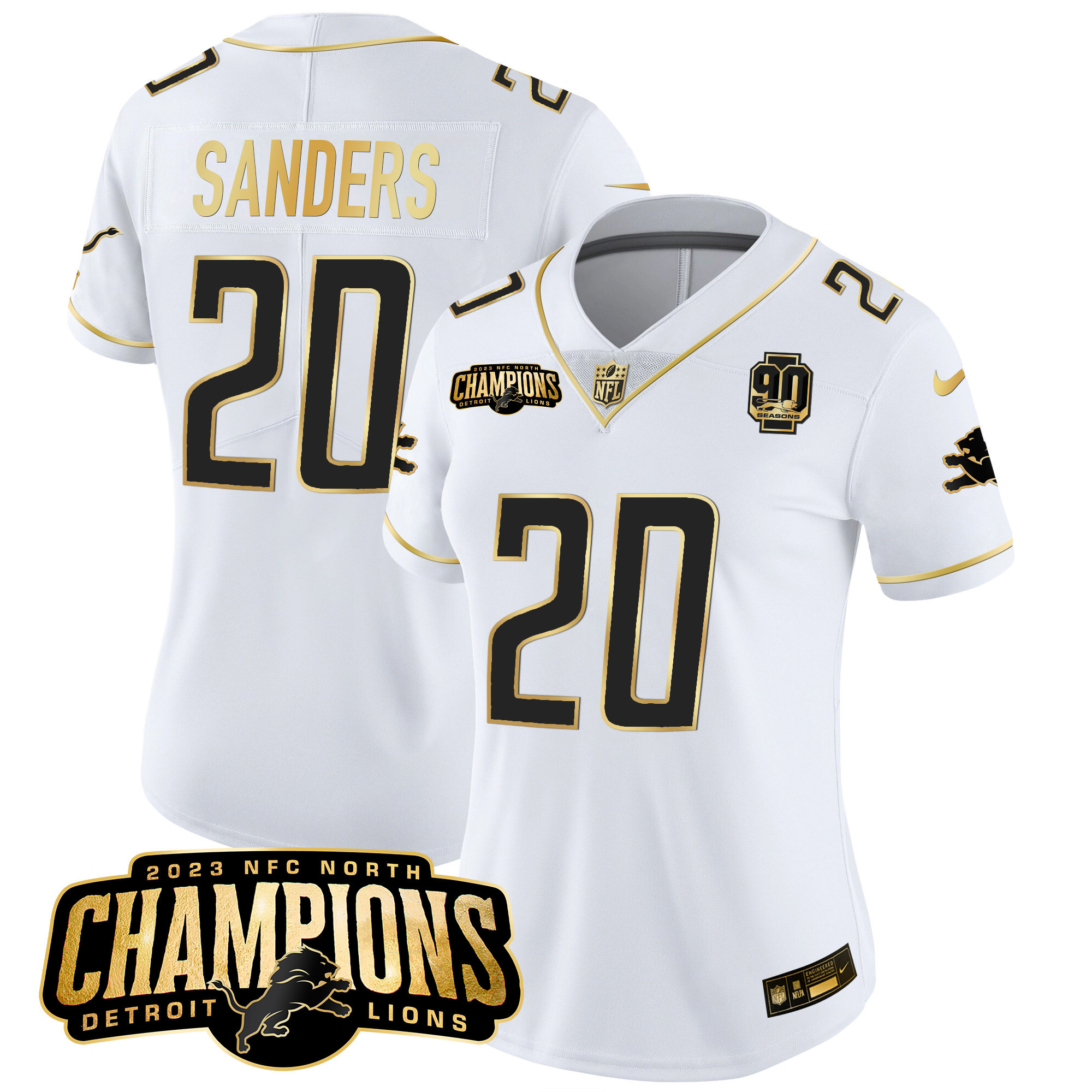 Barry Sanders Women's Detroit Lions 2023 NFC North Champions Patch Gold Vapor White Gold Jersey - All Stitched 