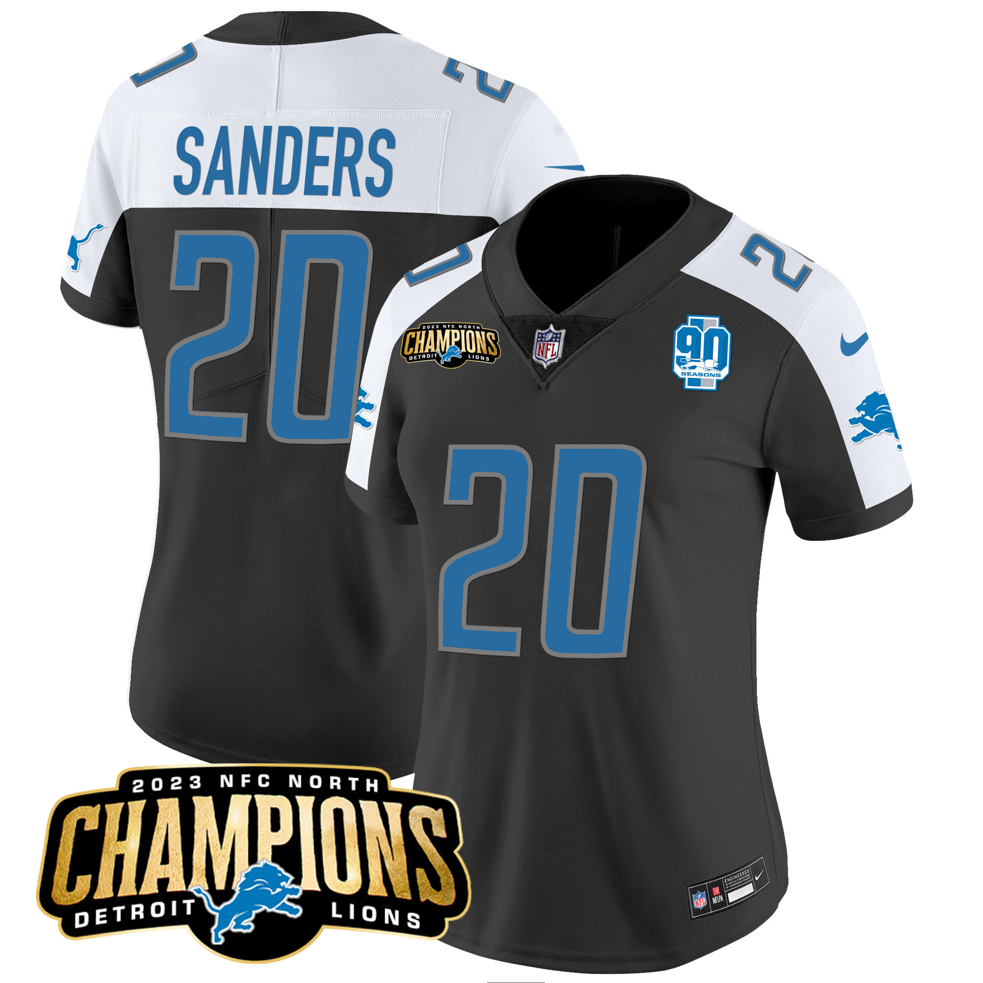 Barry Sanders Women's Detroit Lions 2023 NFC North Champions Patch Vapor Black Alternate Jersey - All Stitched 