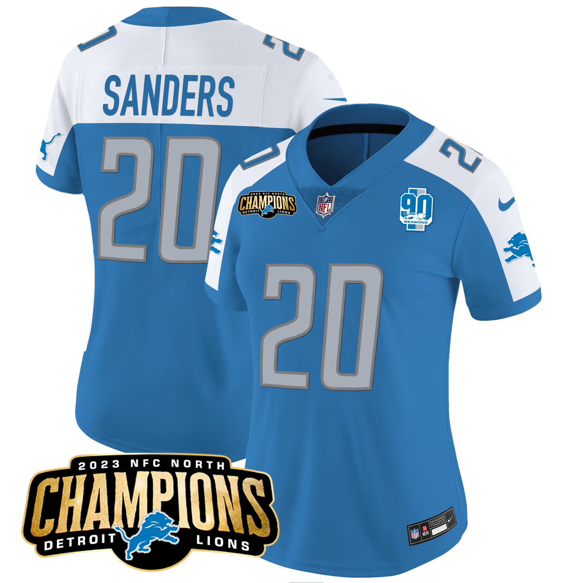 Barry Sanders Women's Detroit Lions 2023 NFC North Champions Patch Vapor Blue Alternate Jersey - All Stitched 