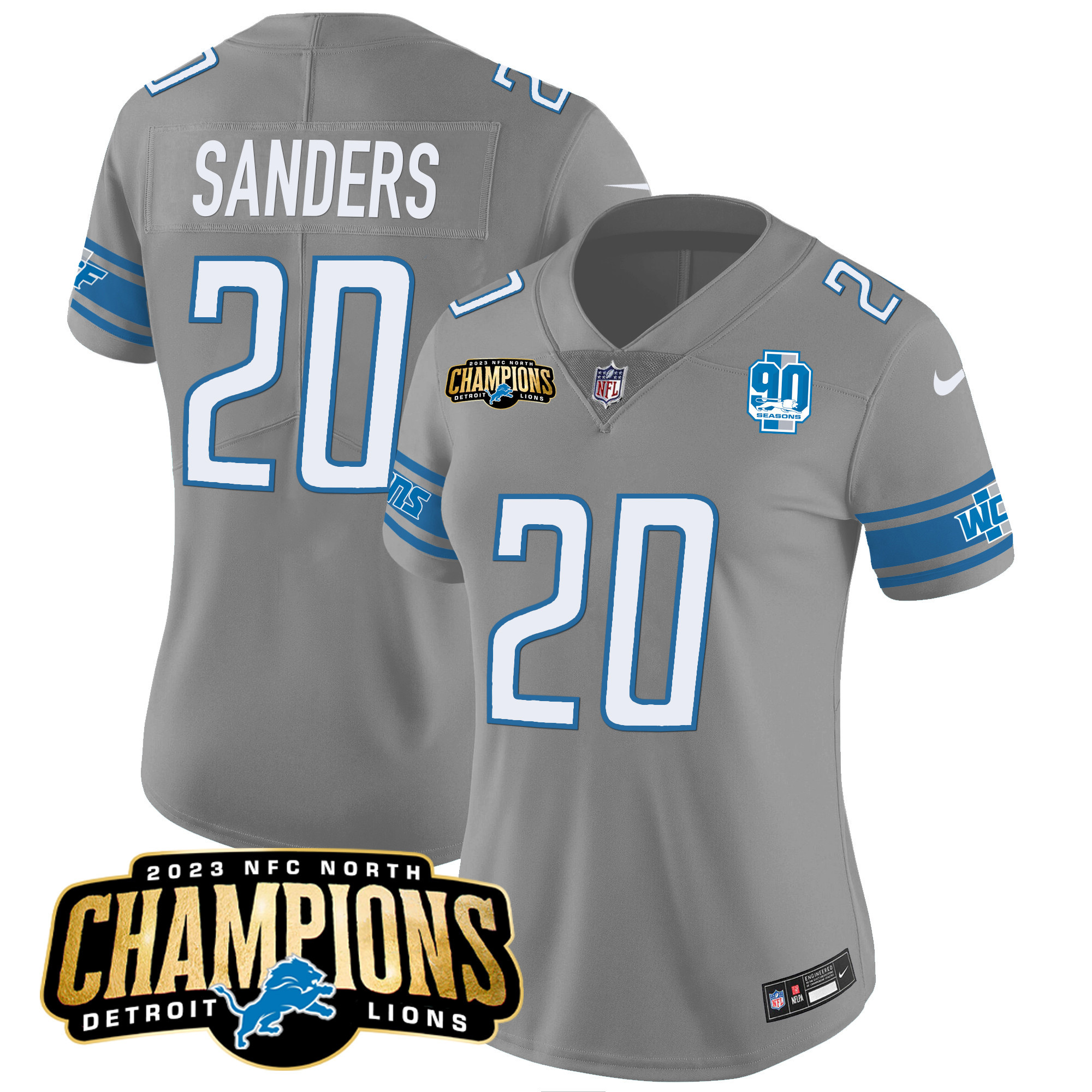 Barry Sanders Women's Detroit Lions 2023 NFC North Champions Patch Vapor Gray Jersey - All Stitched 