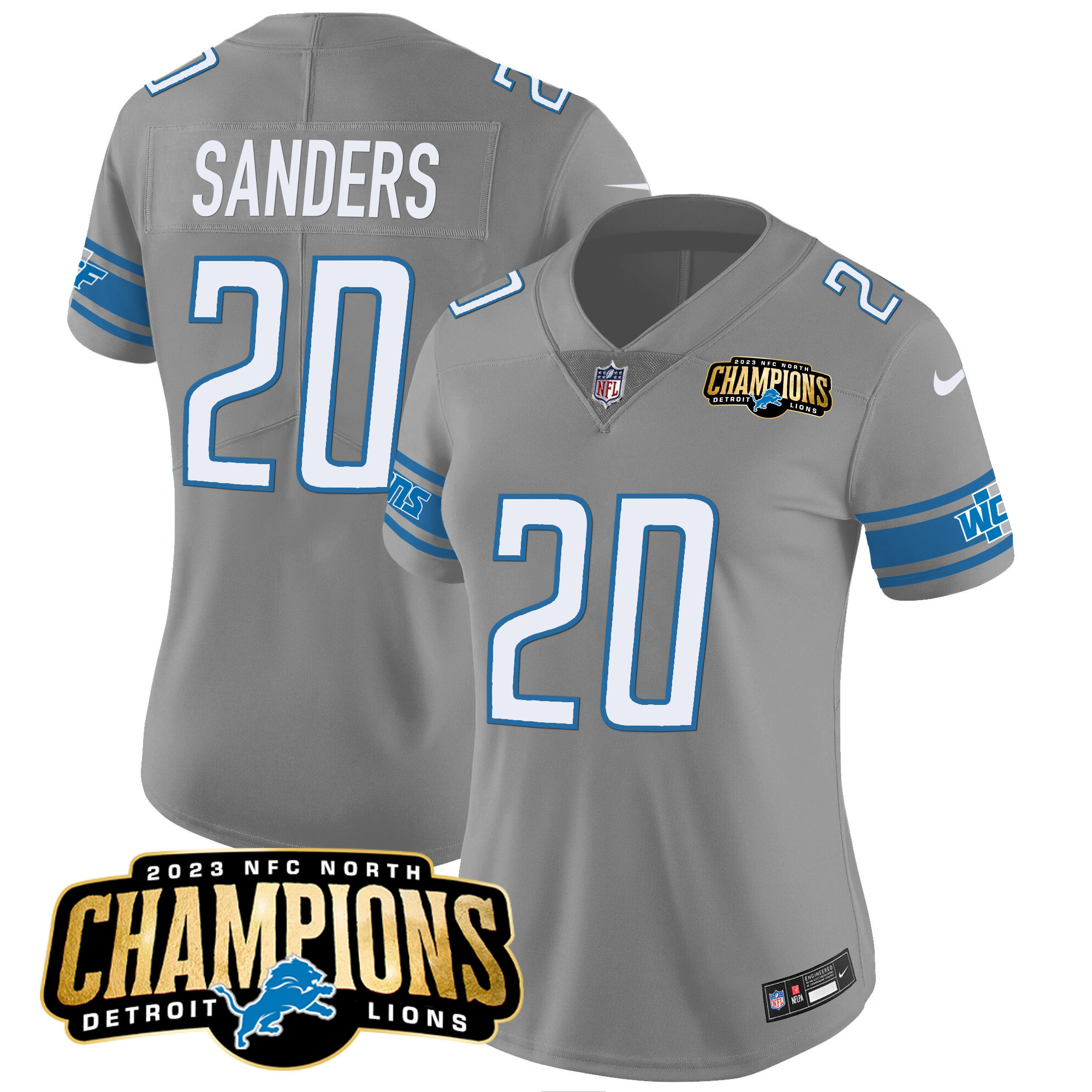 Barry Sanders Women's Detroit Lions 2023 NFC North Champions Patch Vapor Gray Jersey - All Stitched 