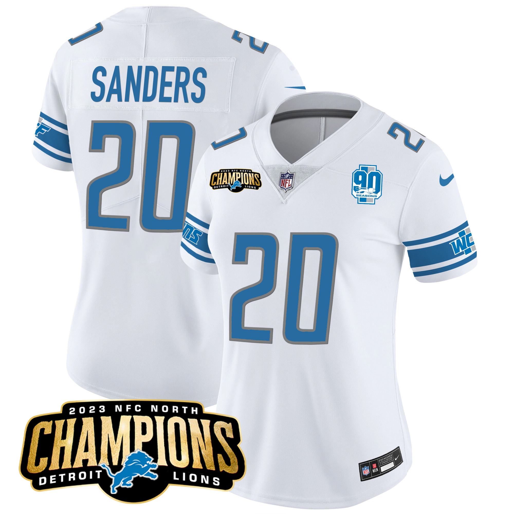 Barry Sanders Women's Detroit Lions 2023 NFC North Champions Patch Vapor White Jersey - All Stitched 