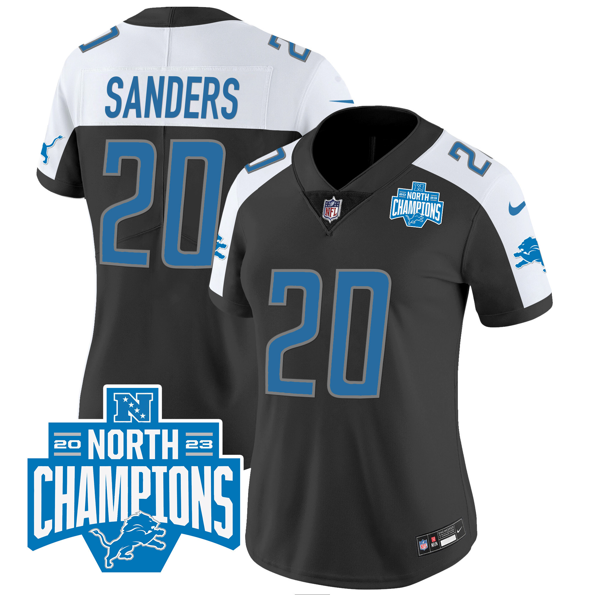 Barry Sanders Women's Detroit Lions 2023 NFC North Division Champions Patch Vapor Black Alternate Jersey - All Stitched 