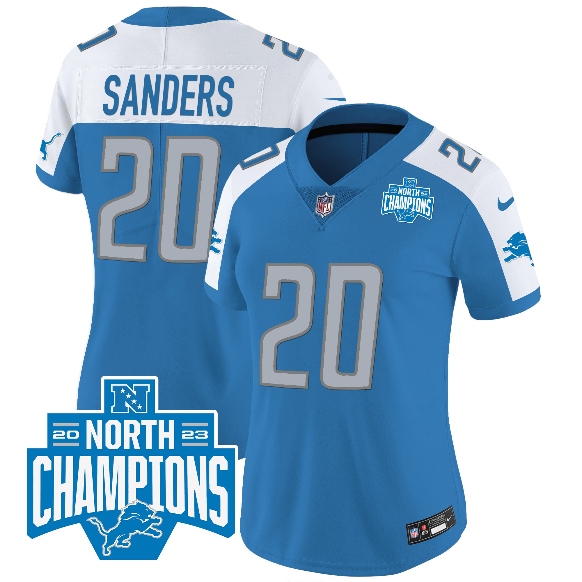 Barry Sanders Women's Detroit Lions 2023 NFC North Division Champions Patch Vapor Blue Alternate Jersey - All Stitched 