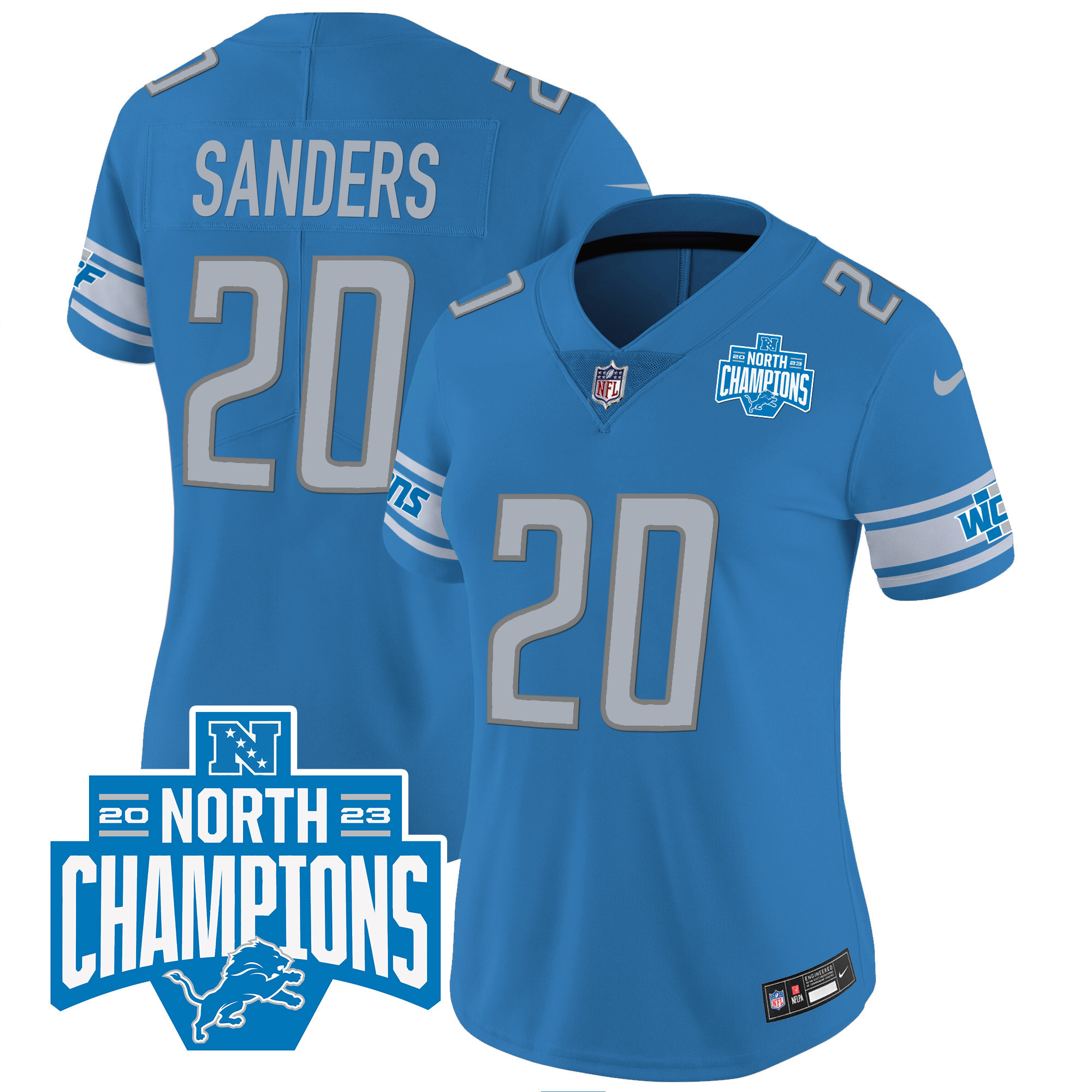 Barry Sanders Women's Detroit Lions 2023 NFC North Division Champions Patch Vapor Blue Jersey - All Stitched 