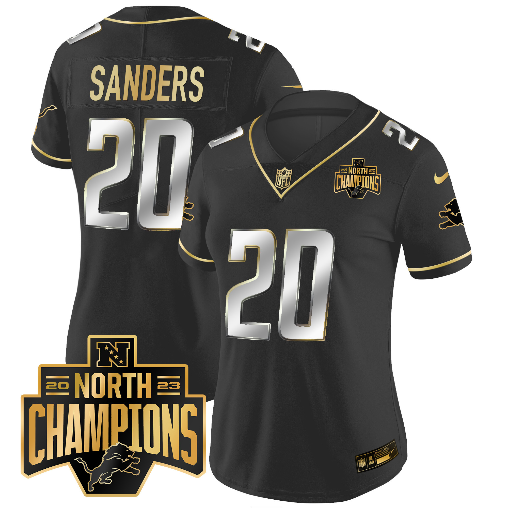 Barry Sanders Women's Detroit Lions 2023 NFC North Division Champions Patch Vapor Gold Black Limited Jersey - All Stitched 
