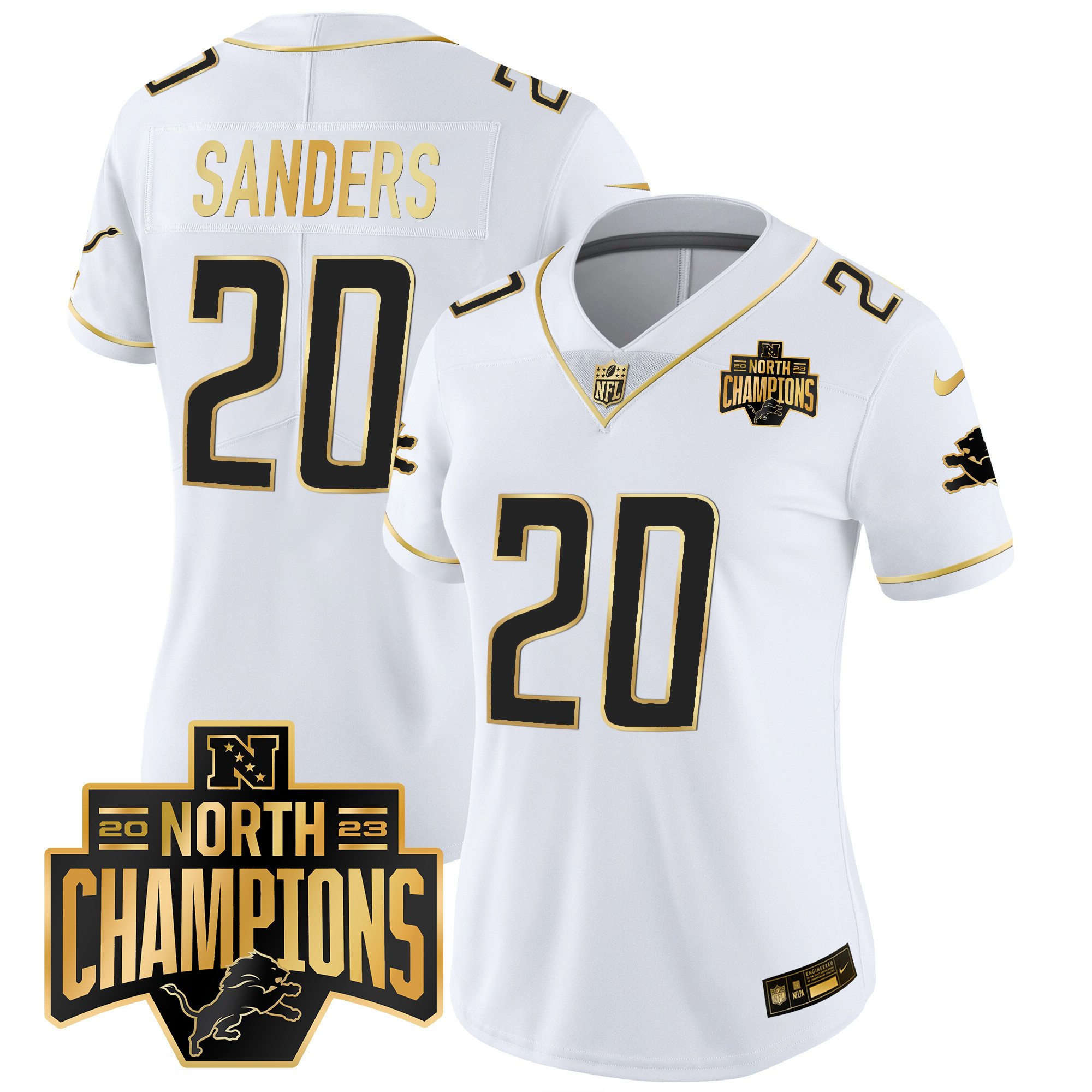 Barry Sanders Women's Detroit Lions 2023 NFC North Division Champions Patch Vapor Gold White Gold Jersey - All Stitched 