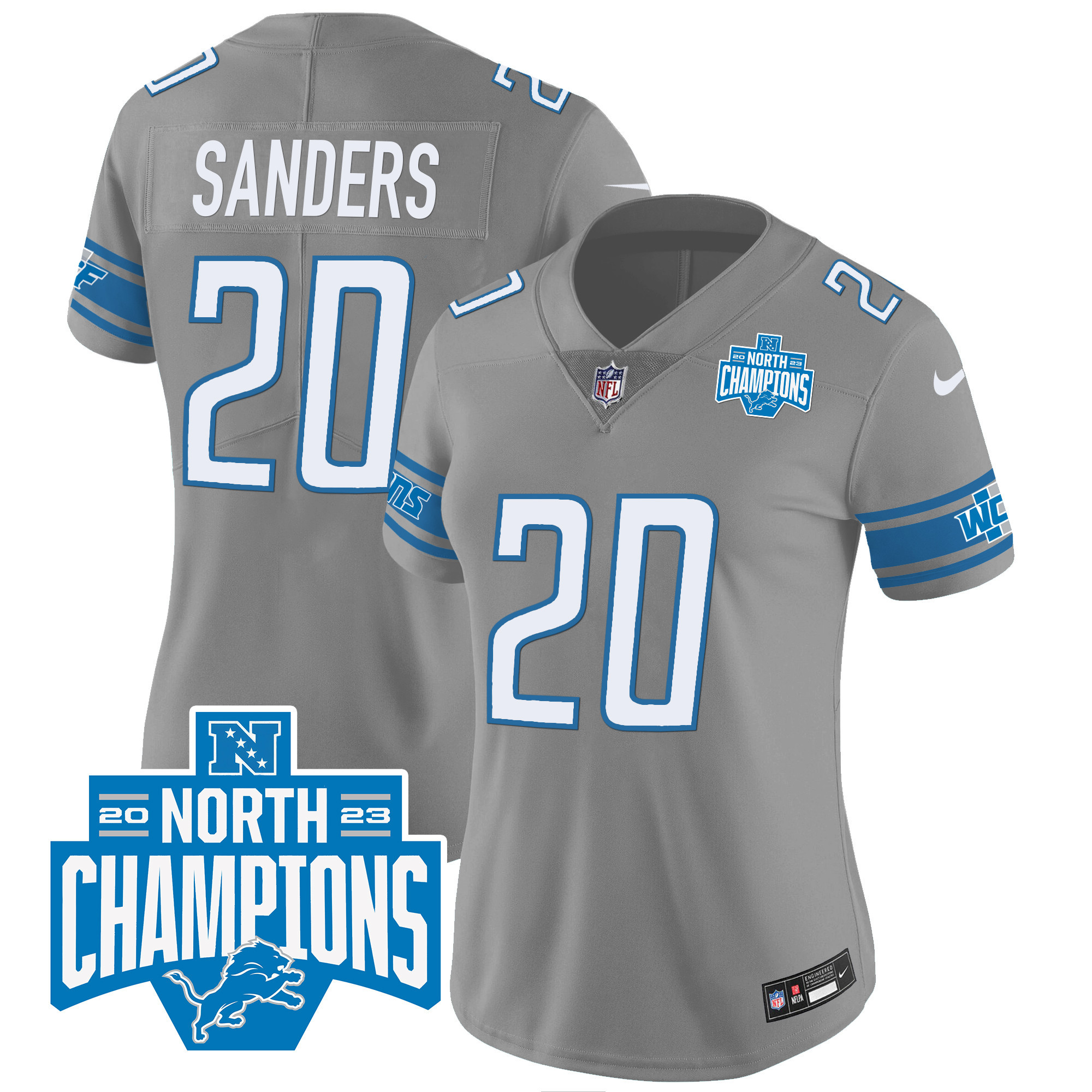 Barry Sanders Women's Detroit Lions 2023 NFC North Division Champions Patch Vapor Gray Jersey - All Stitched 