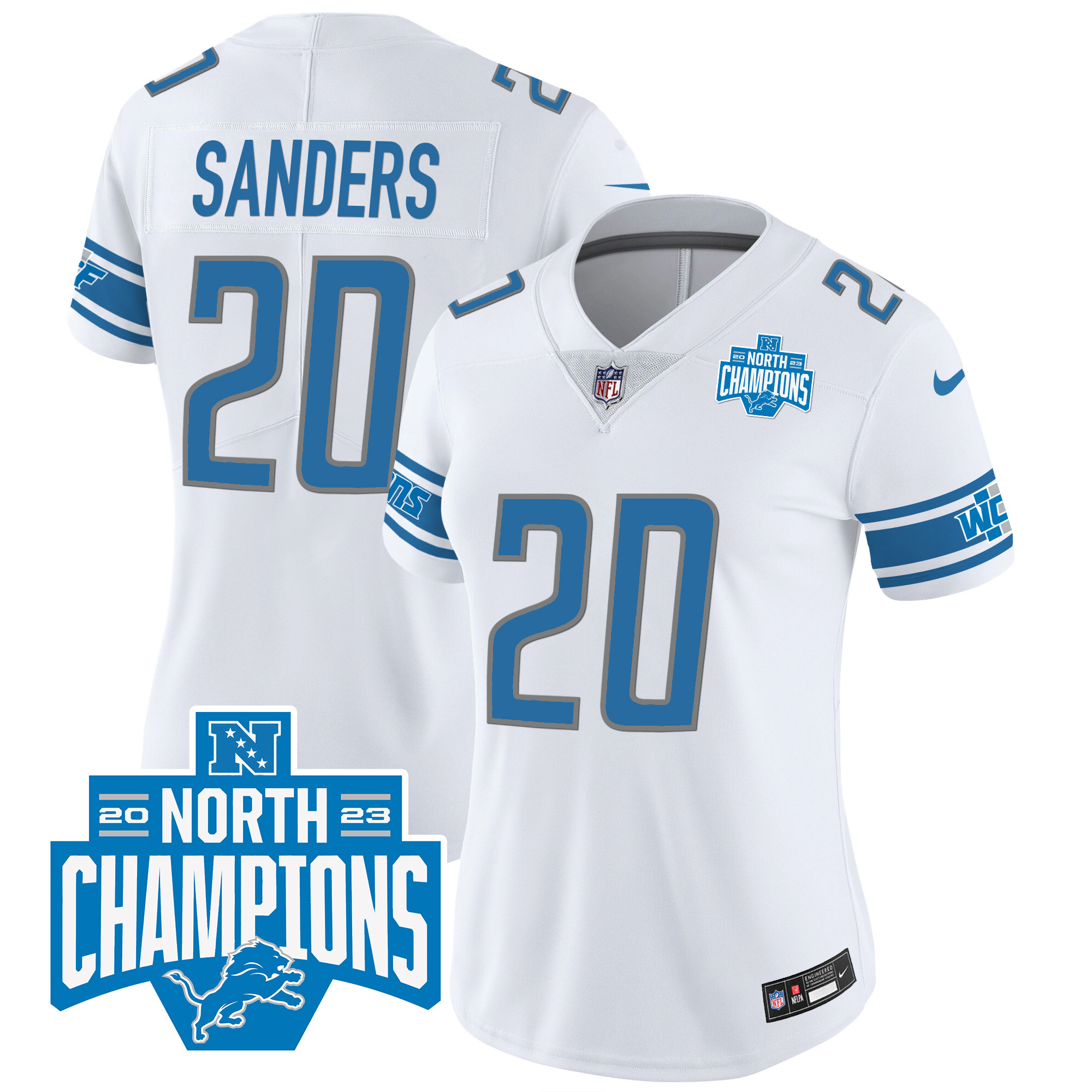 Barry Sanders Women's Detroit Lions 2023 NFC North Division Champions Patch Vapor White Jersey - All Stitched 