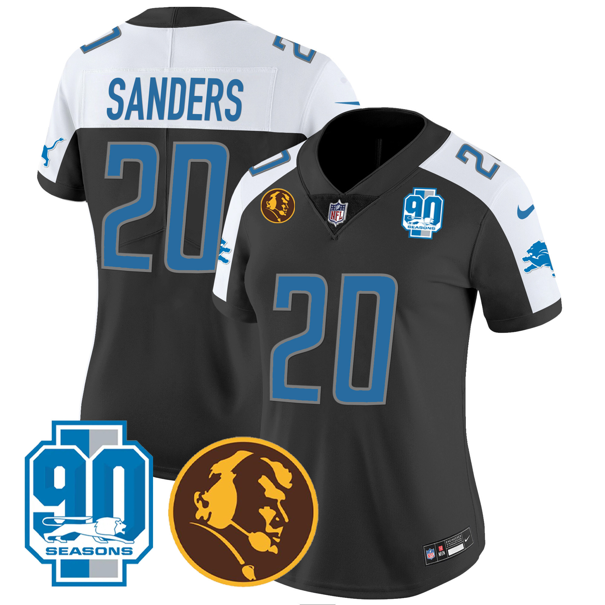 Barry Sanders Women's Detroit Lions 90th & John Madden Patch Black Alternate Jersey - All Stitched 