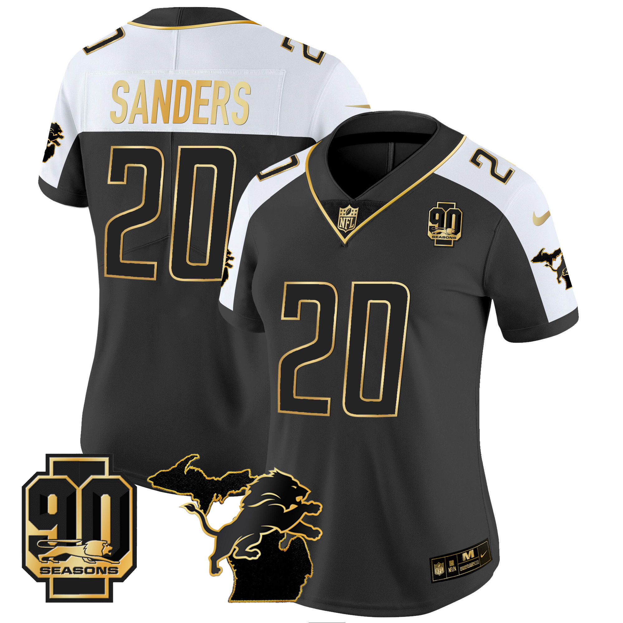 Barry Sanders Women's Detroit Lions 90th Year & Michigan Patch Gold Vapor Alternate Jersey - All Stitched 