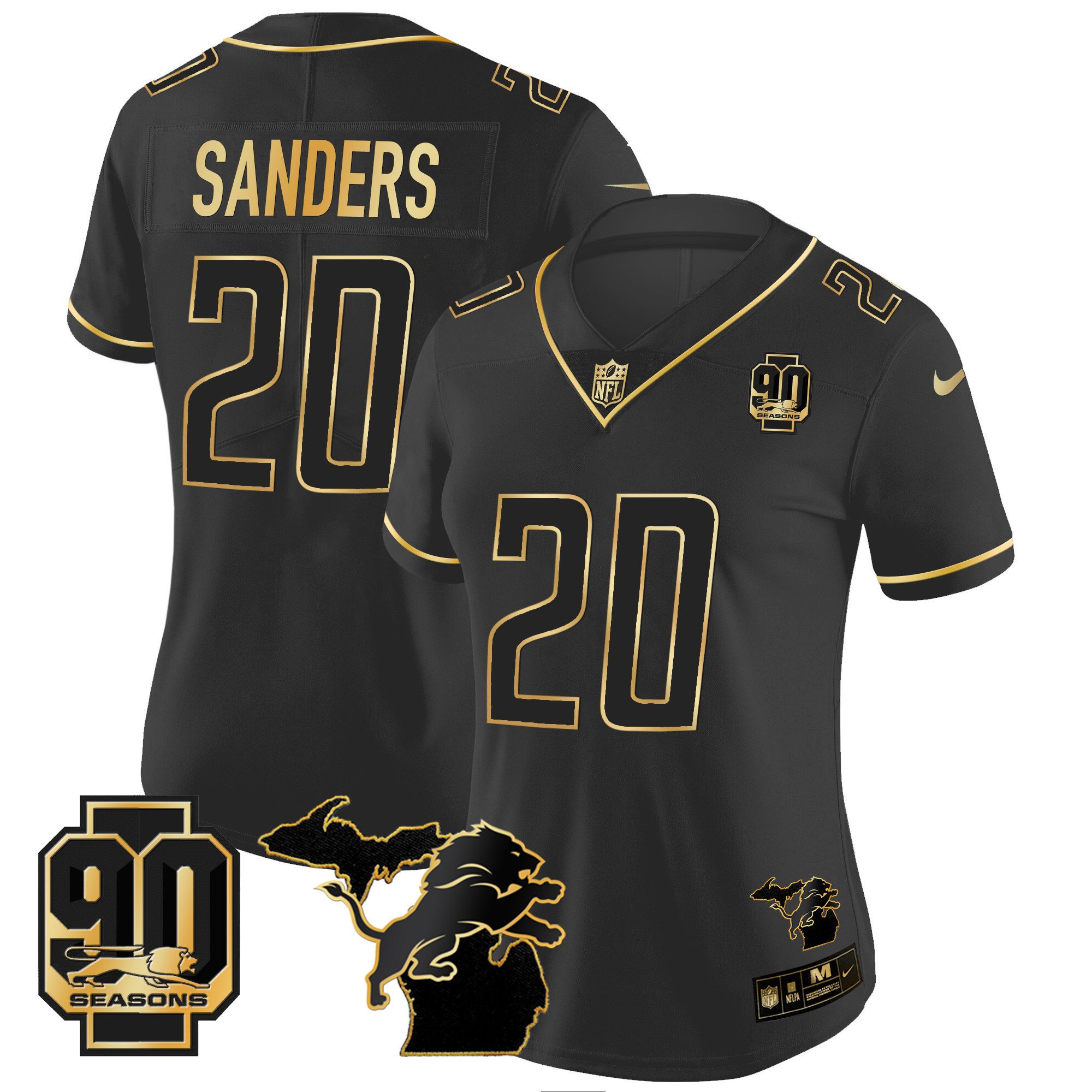 Barry Sanders Women's Detroit Lions 90th Year & Michigan Patch Gold Vapor Black Gold Jersey - All Stitched 