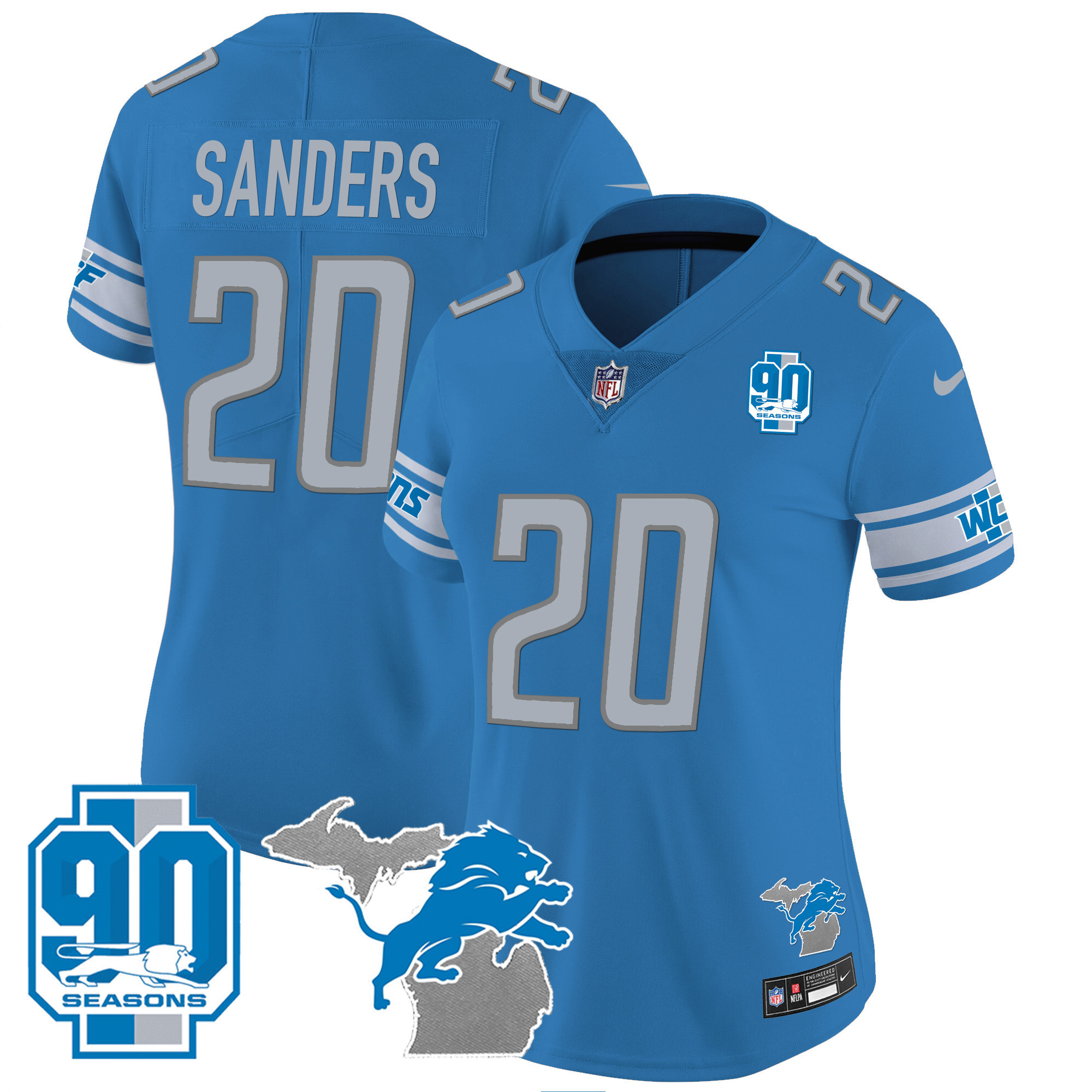 Barry Sanders Women's Detroit Lions 90th Year & Michigan Patch Vapor Blue Jersey - All Stitched 