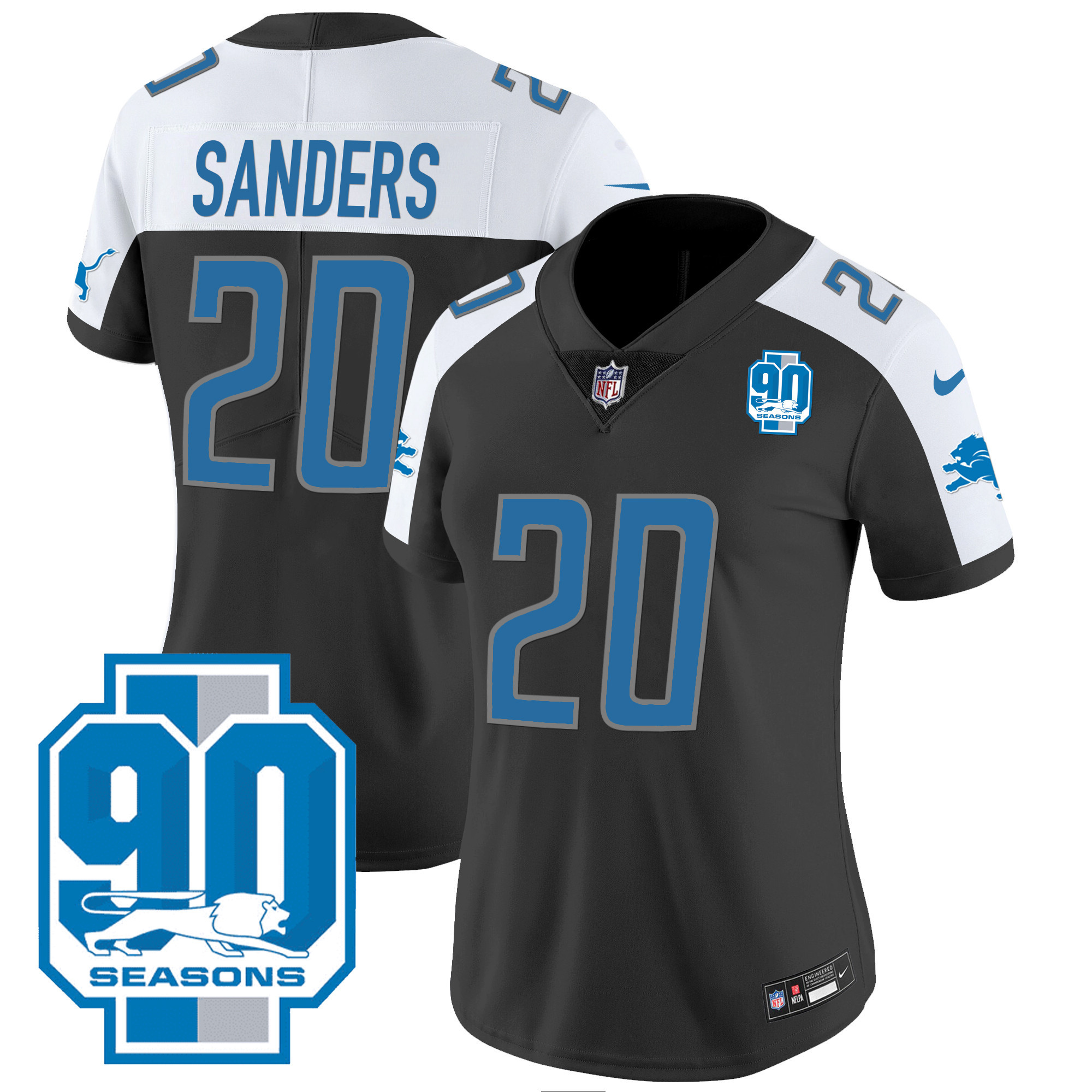 Barry Sanders Women's Detroit Lions 90th Year Patch Black Alternate Jersey - All Stitched 