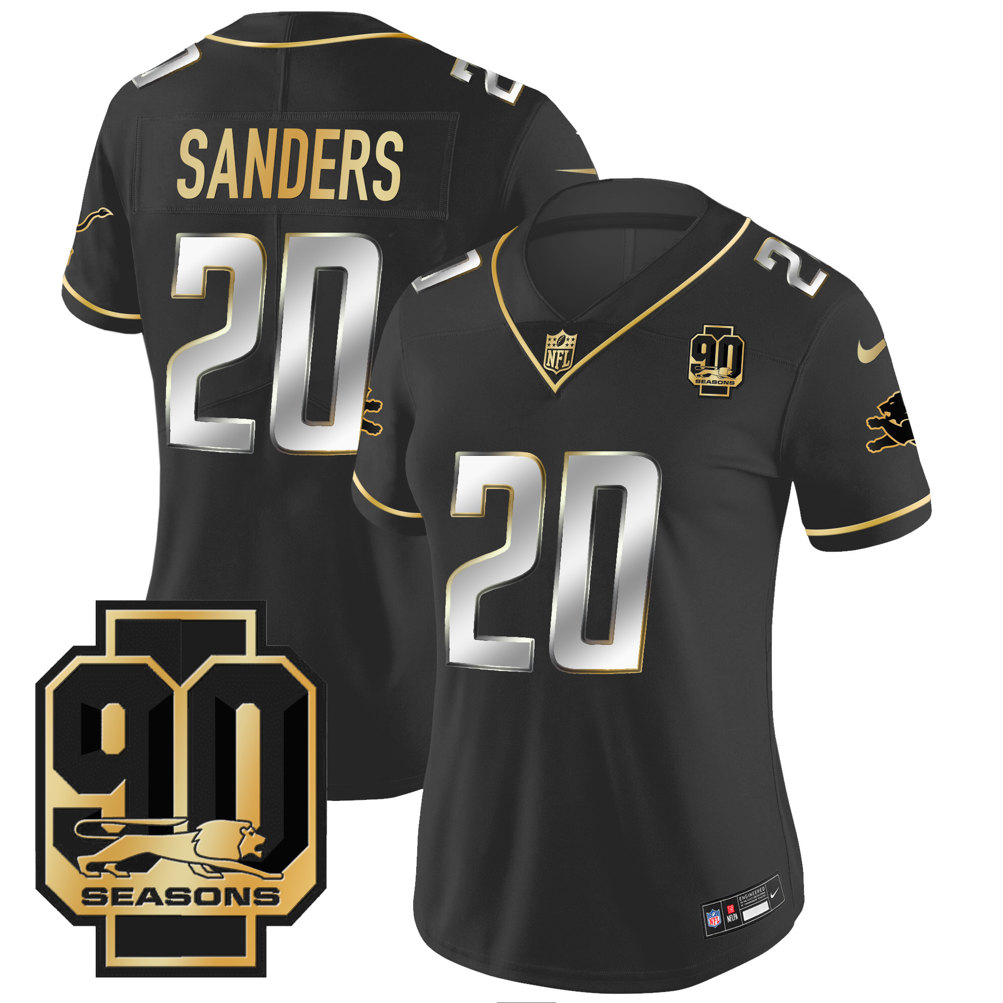 Barry Sanders Women's Detroit Lions 90th Year Patch Gold Black Limited Jersey - All Stitched 