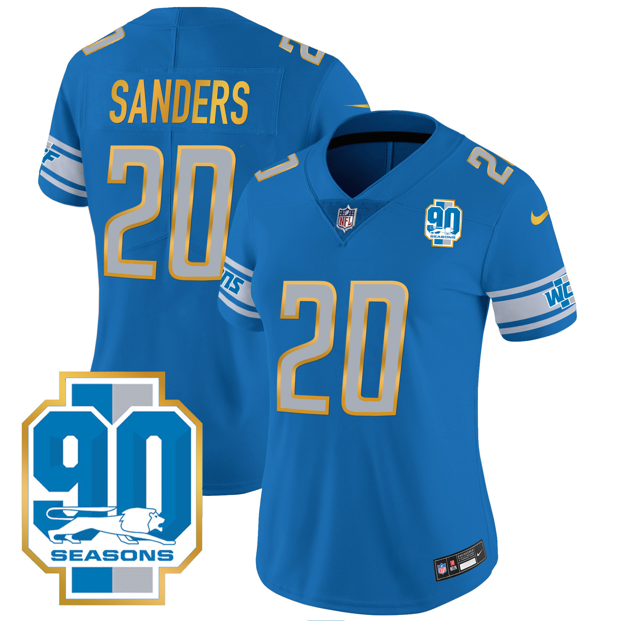 Barry Sanders Women's Detroit Lions 90th Year Patch Gold Trim Blue Jersey - All Stitched 