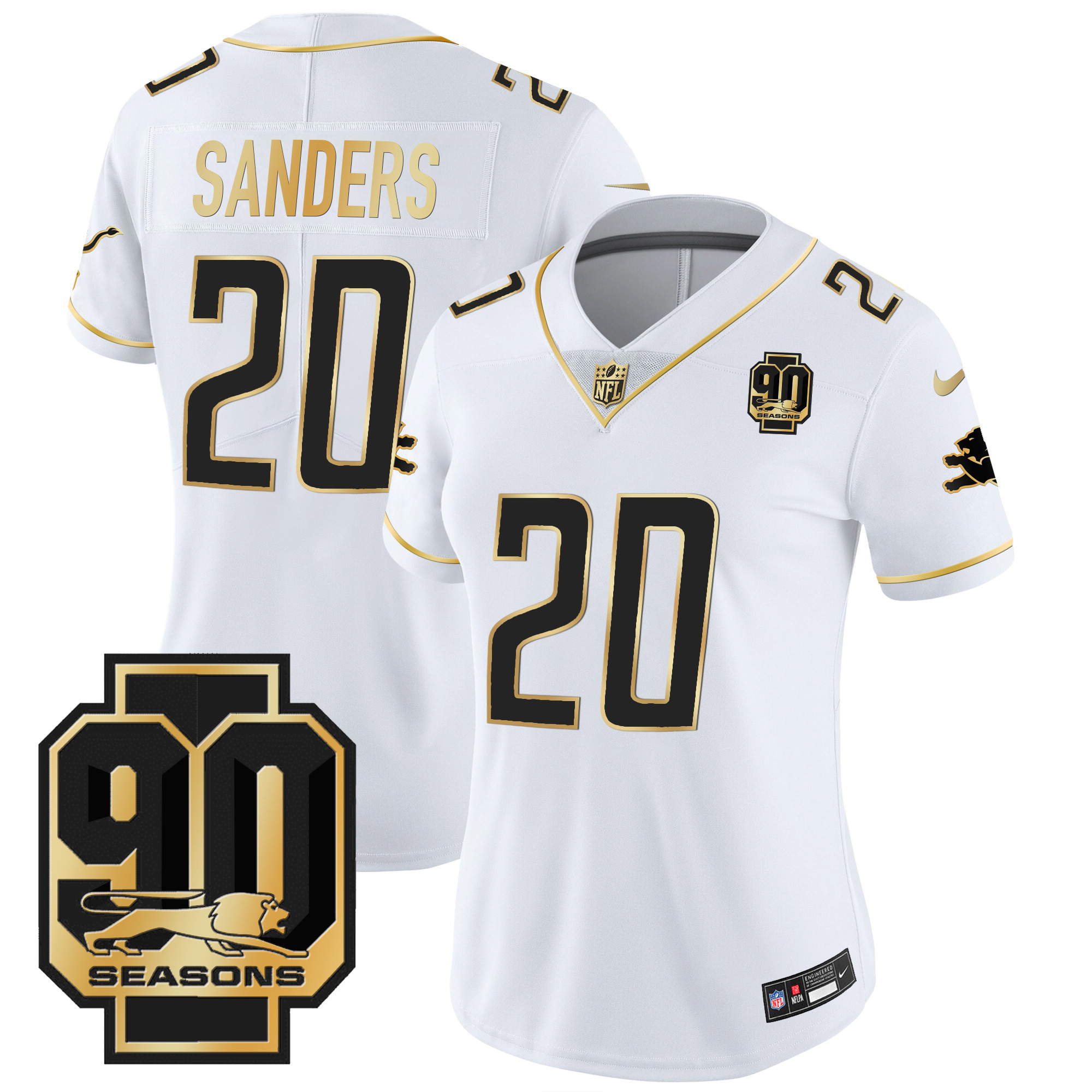 Barry Sanders Women's Detroit Lions 90th Year Patch Gold White Gold Jersey - All Stitched 