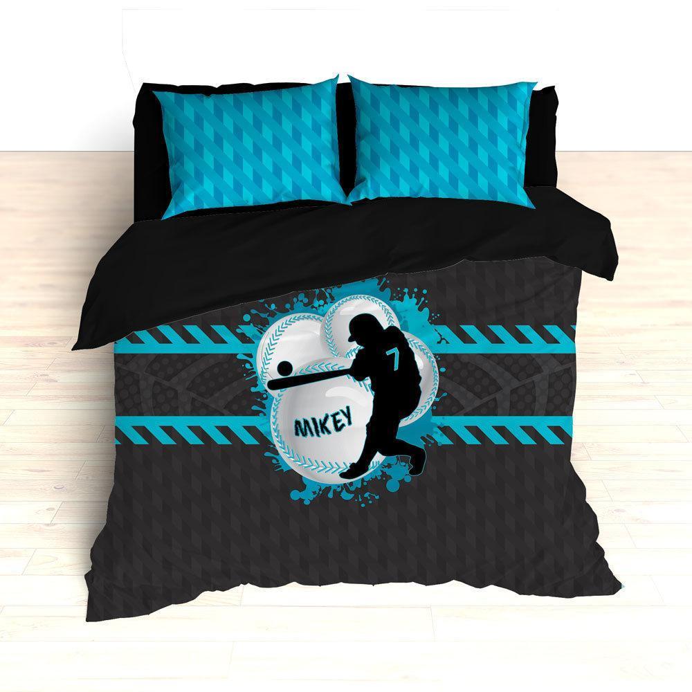 Baseball , Blue, Gray, Black, Weave Pattern, Splash Paint Design, Personalized Toddler, Grey Duvet Cover Bedding Set