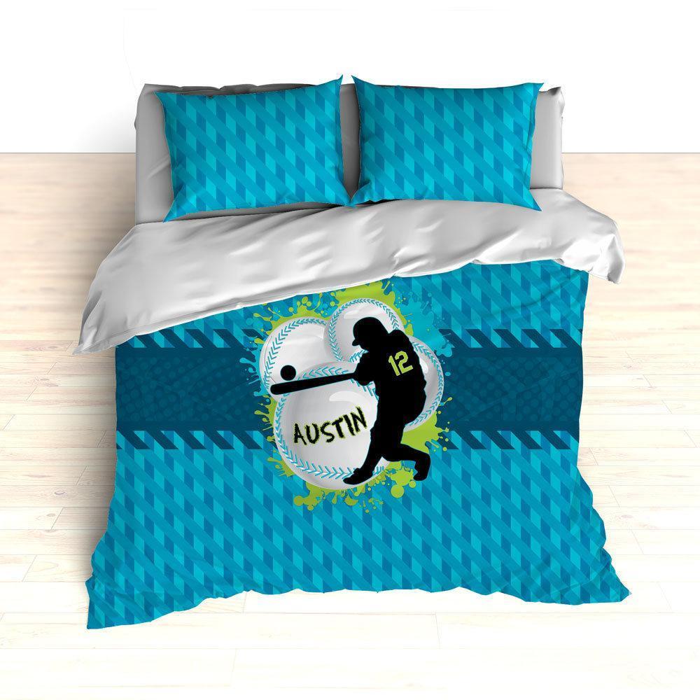 Baseball , Blue, Teal And Green, Weave Pattern, Splash Paint Design, Personalized Toddler Duvet Cover Bedding Set