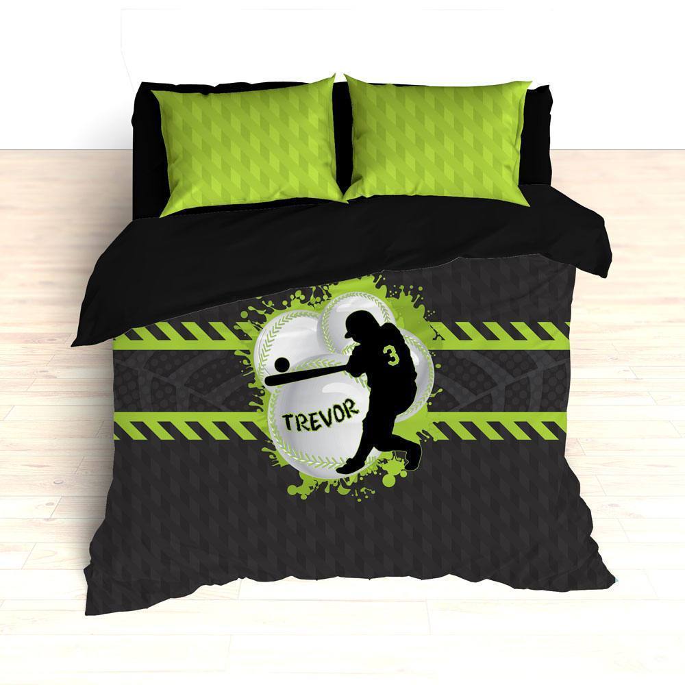 Baseball , Green, Gray, Black, Weave Pattern, Splash Paint Design, Personalized Toddler, Grey Duvet Cover Bedding Set