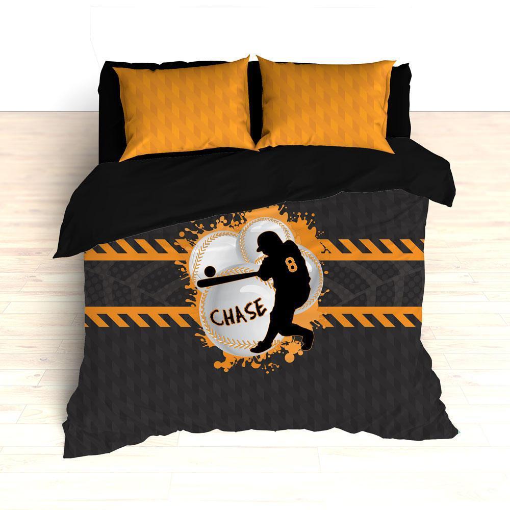 Baseball , Weave Pattern, Splash Paint Design, Orange, Grey And Black, Personalized Toddler Duvet Cover Bedding Set
