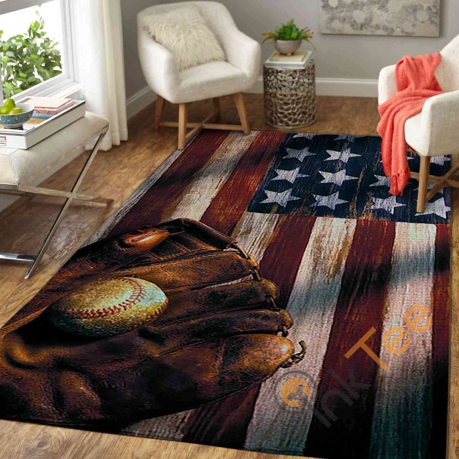 baseball Ball Glove On American Flag Area Rectangle Rug