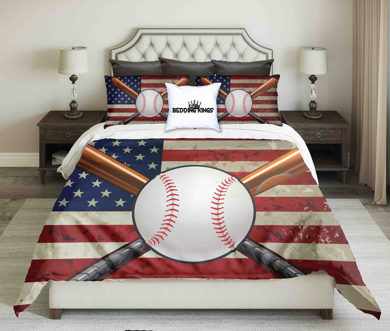 Baseball Design On Usa Flag Background Kings 3D Customized Duvet Cover Bedding Set
