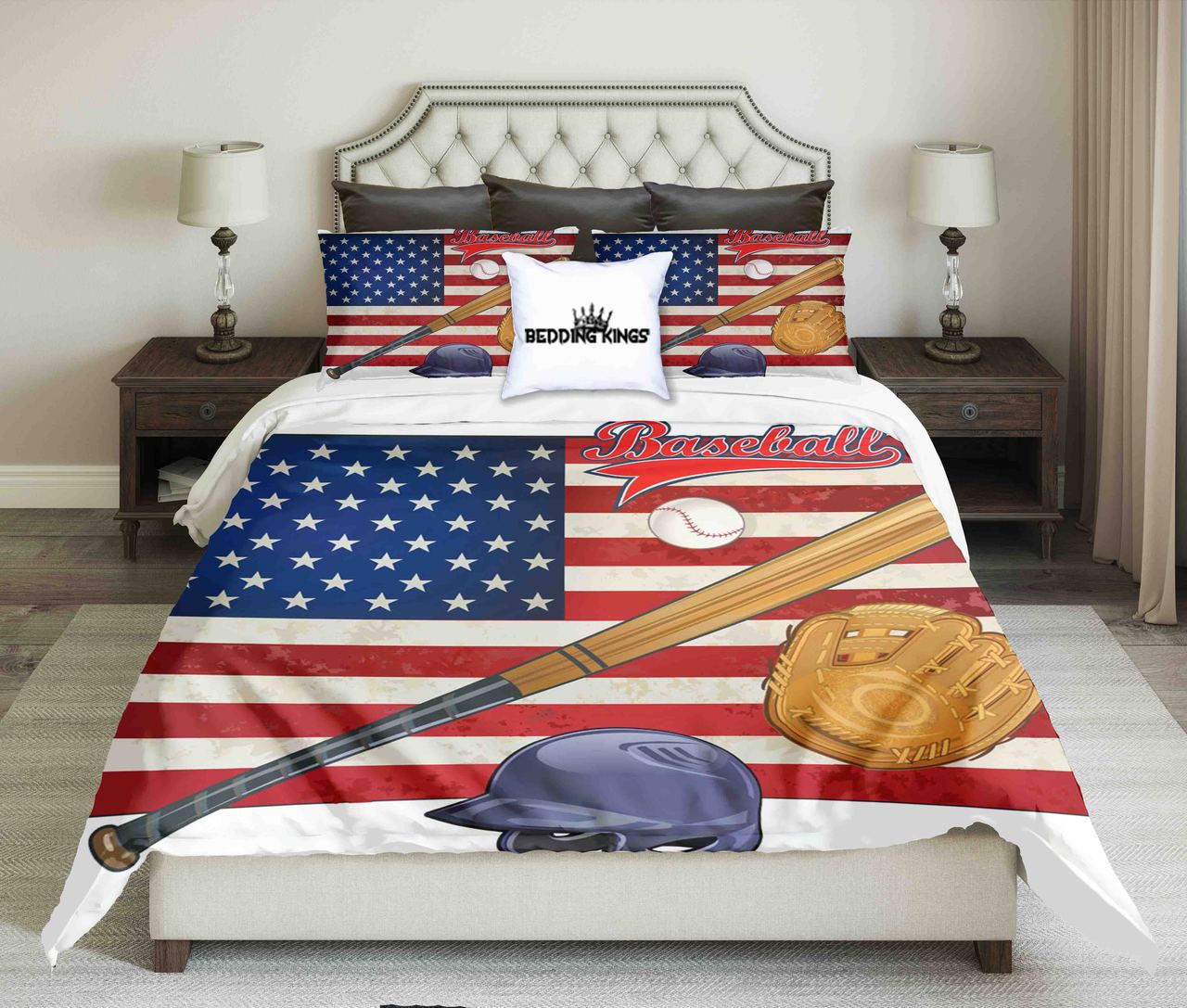 Baseball Tools On American Flag Background Design Kings 3D Customized Duvet Cover Bedding Set